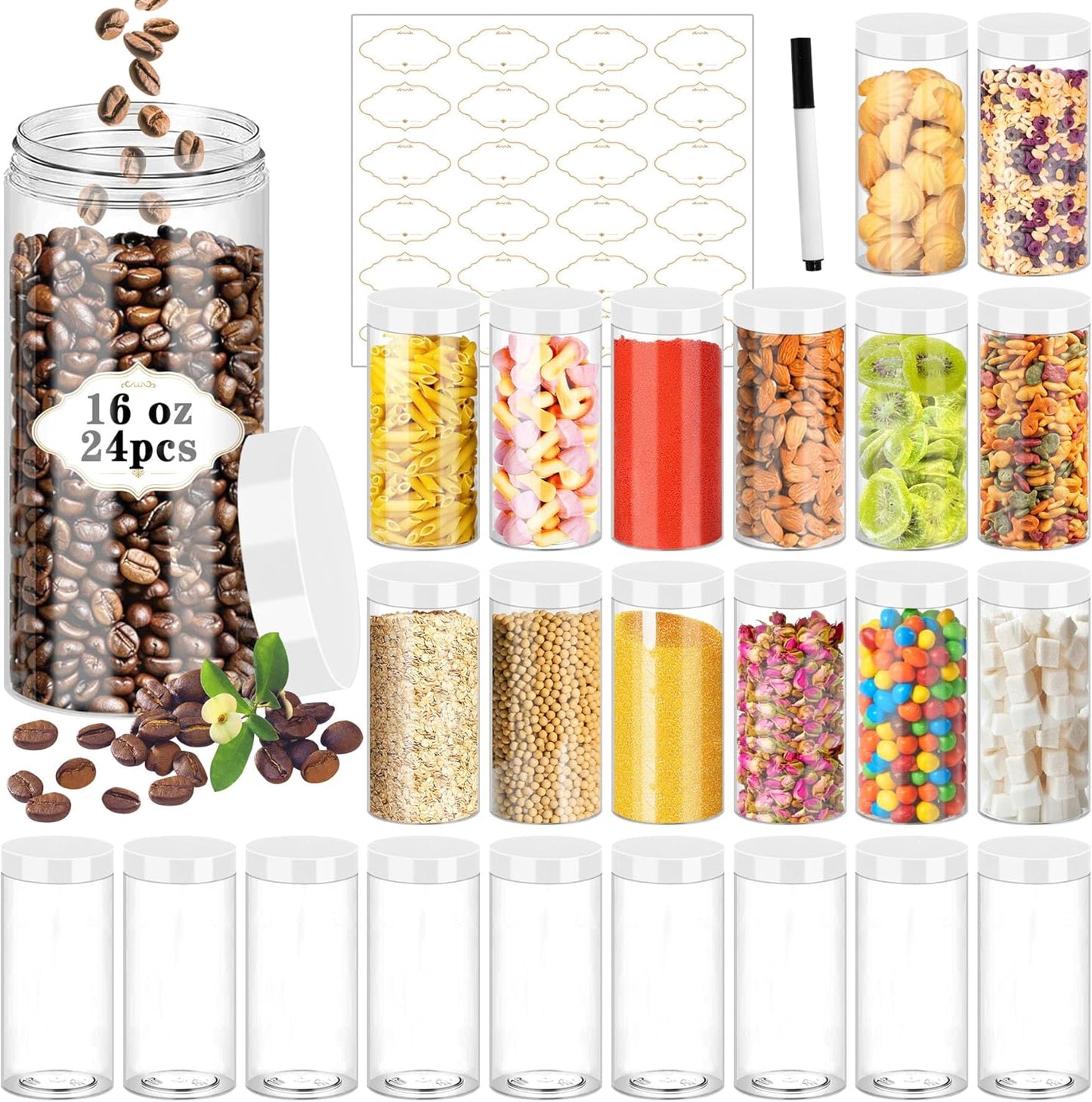 24 Pcs Plastic Jars, 16 OZ Plastic Jars with White Lids Clear Airtight Slime Containers Refillable