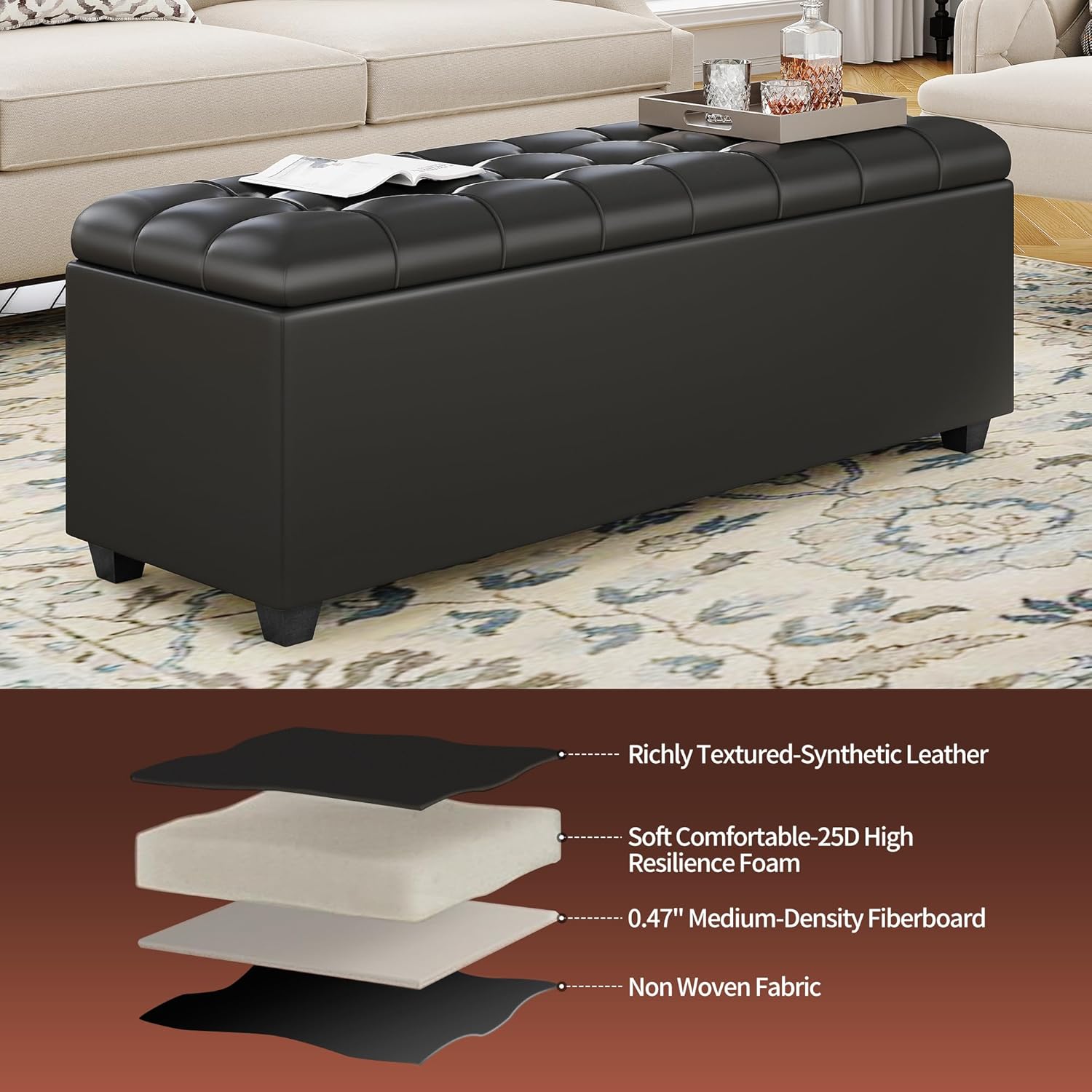 Ottoman with Storage 38 inches, Furniture End of Bed Storage Benches, Long Ottomans Bench with