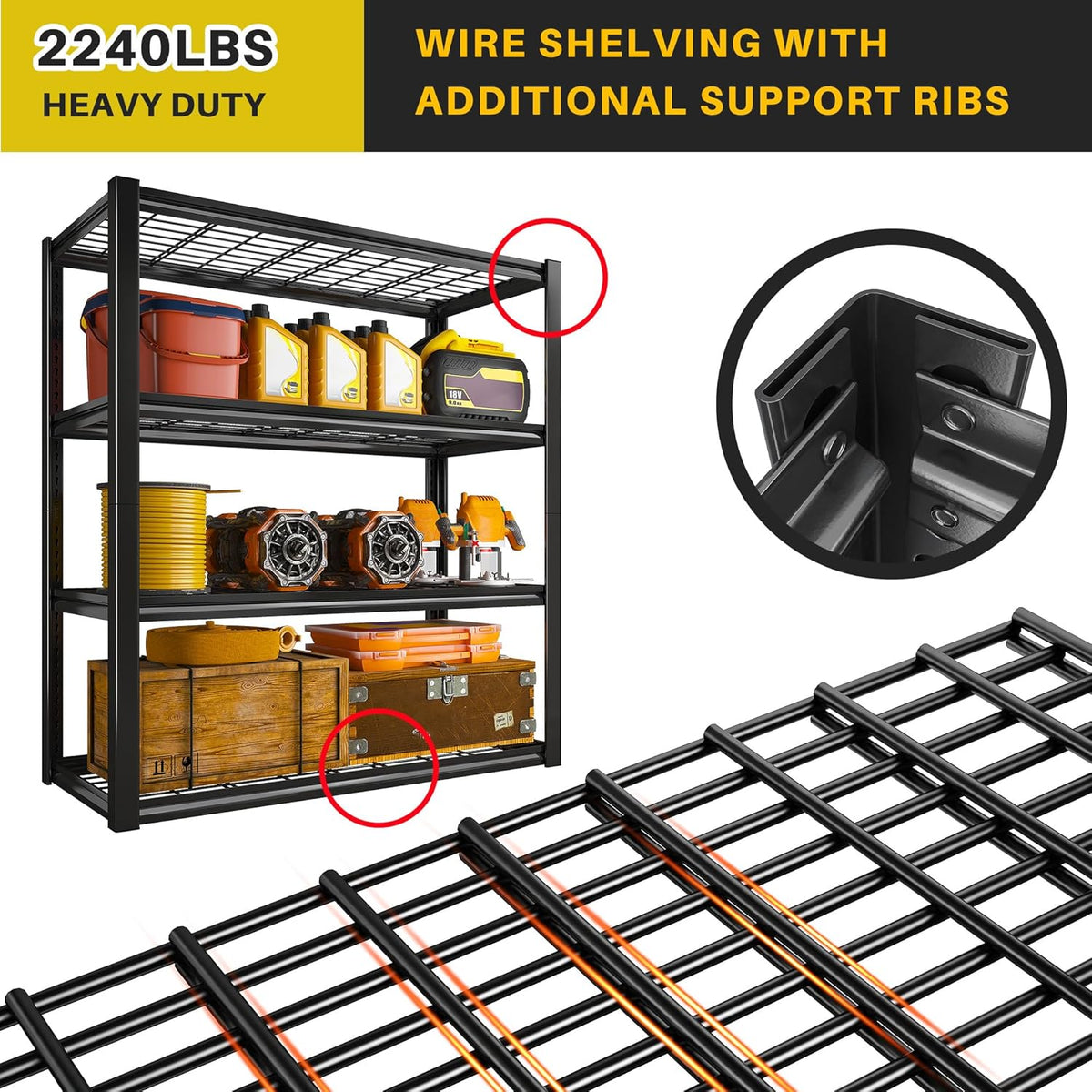REIBII 40" W Garage Shelving 2240 LBS Storage Shelves Adjustable Heavy Duty Shelving 4 Tier Metal