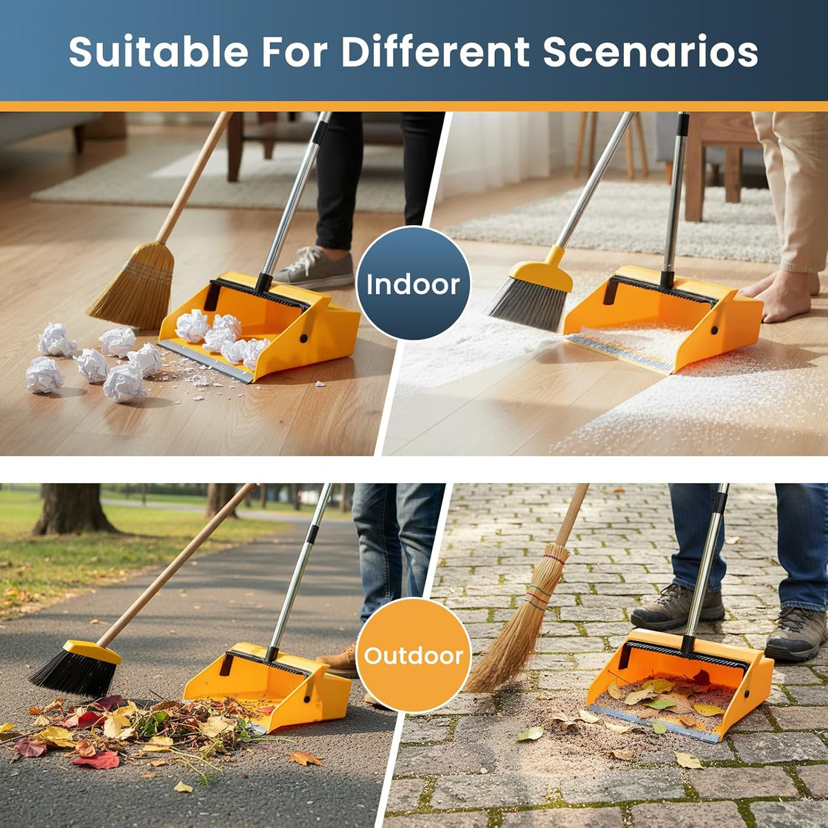 Large Commercial Dustpan with Comb，Long Handle Upright Heavy Duty Dust Pan Outdoor Indoor for