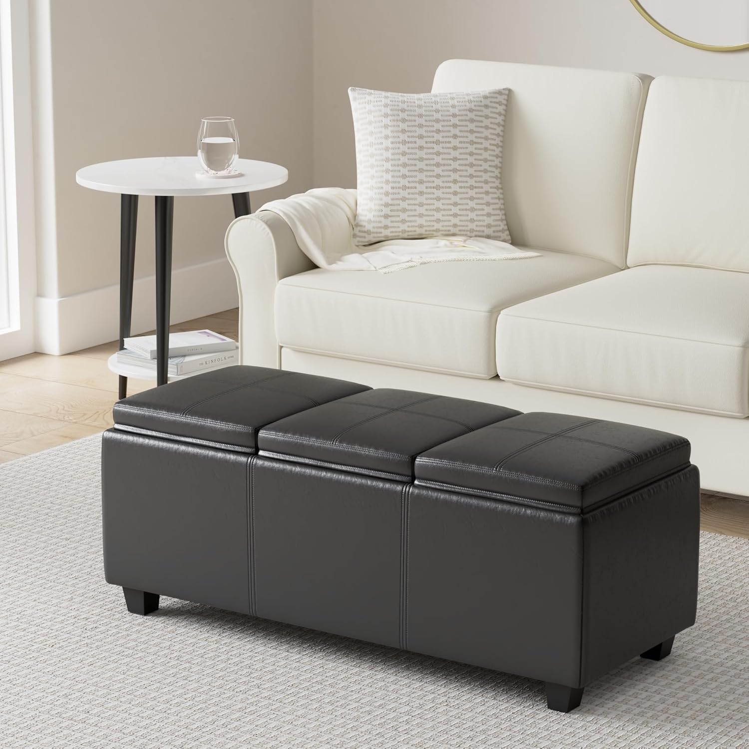 SIMPLIHOME Avalon 42 inch Wide Contemporary Rectangle Storage Ottoman in Midnight Black Vegan Faux