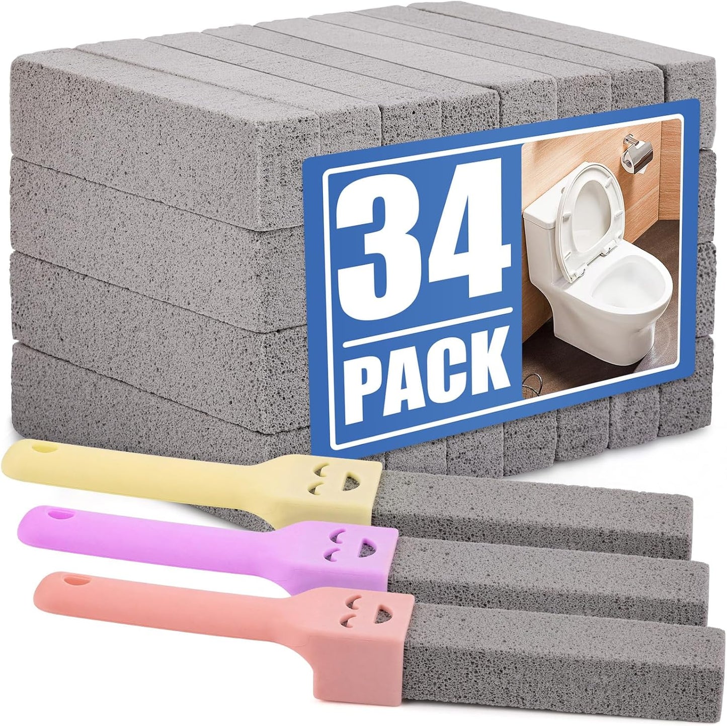 Navona 34 Pack Pumice Stone Scouring Sticks with 3 Universal Handles, Grey Pumice Stone for