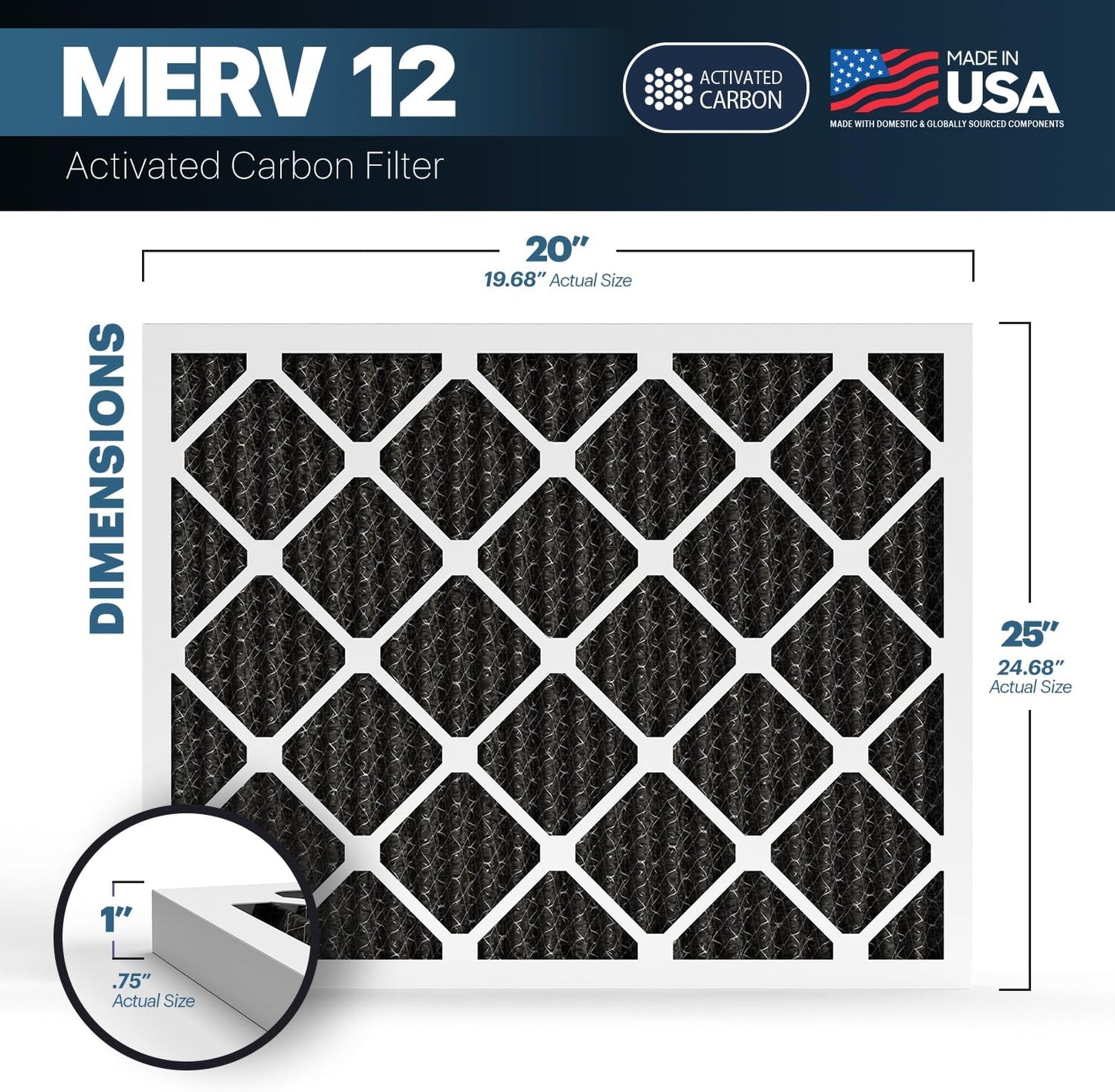 BNX TruFilter 20x25x1 MERV 12 Odor Defense (4-Pack) AC Furnace Air Filter with Activated Carbon