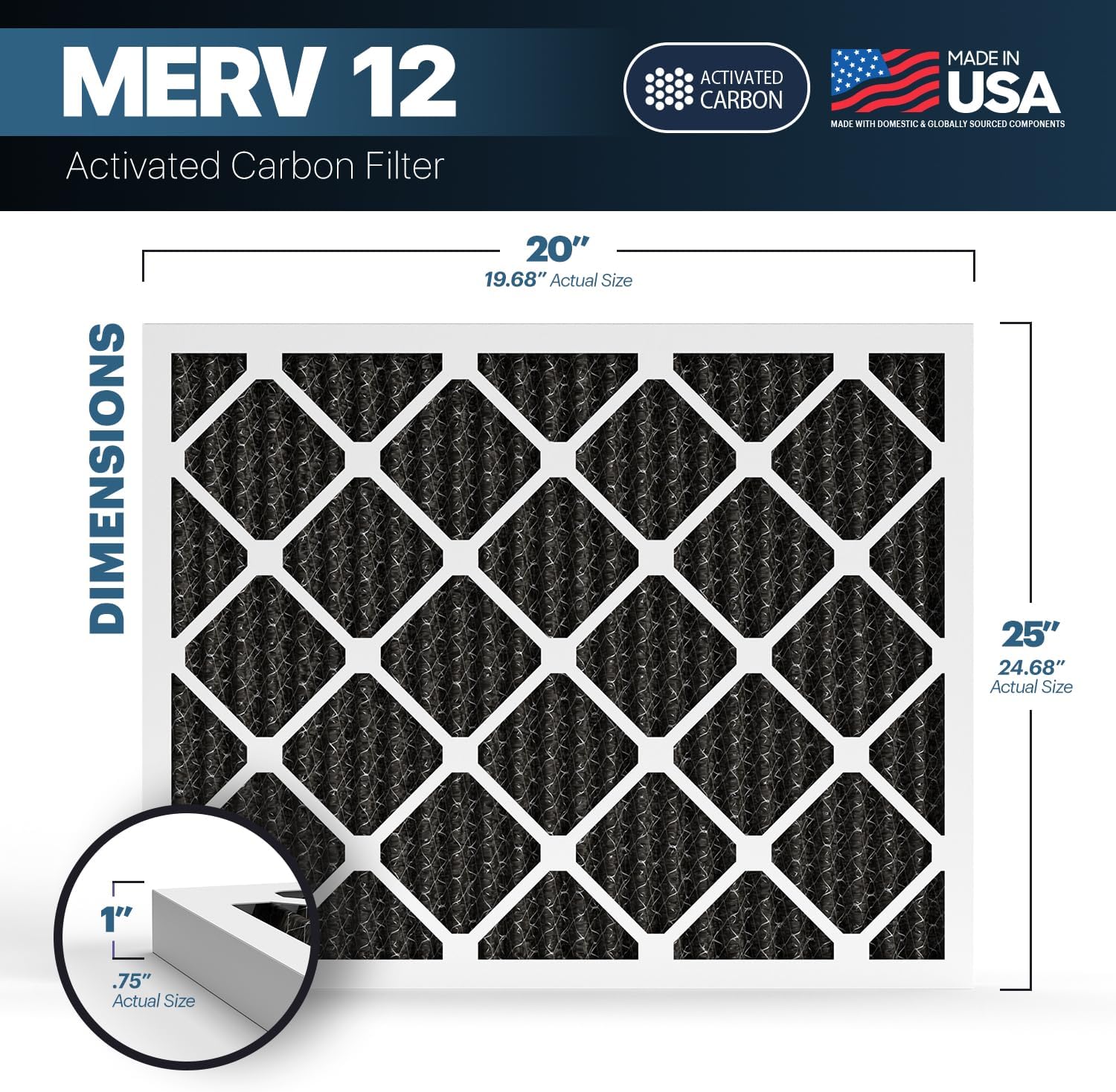 BNX TruFilter 20x25x1 MERV 12 Odor Defense (4-Pack) AC Furnace Air Filter with Activated Carbon