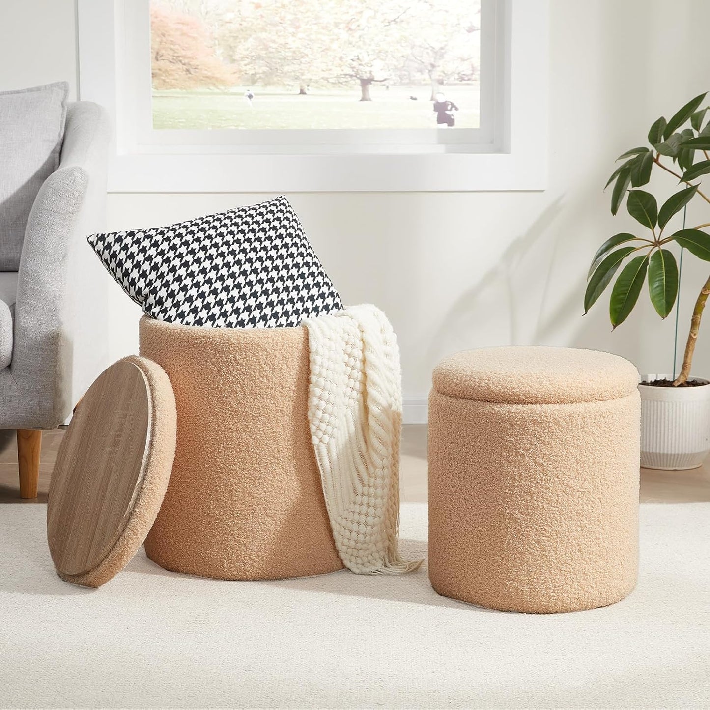 Boucle Round Ottoman with Storage Set of 2,Small Foot Stool Ottoman for Living Room, Small Coffee