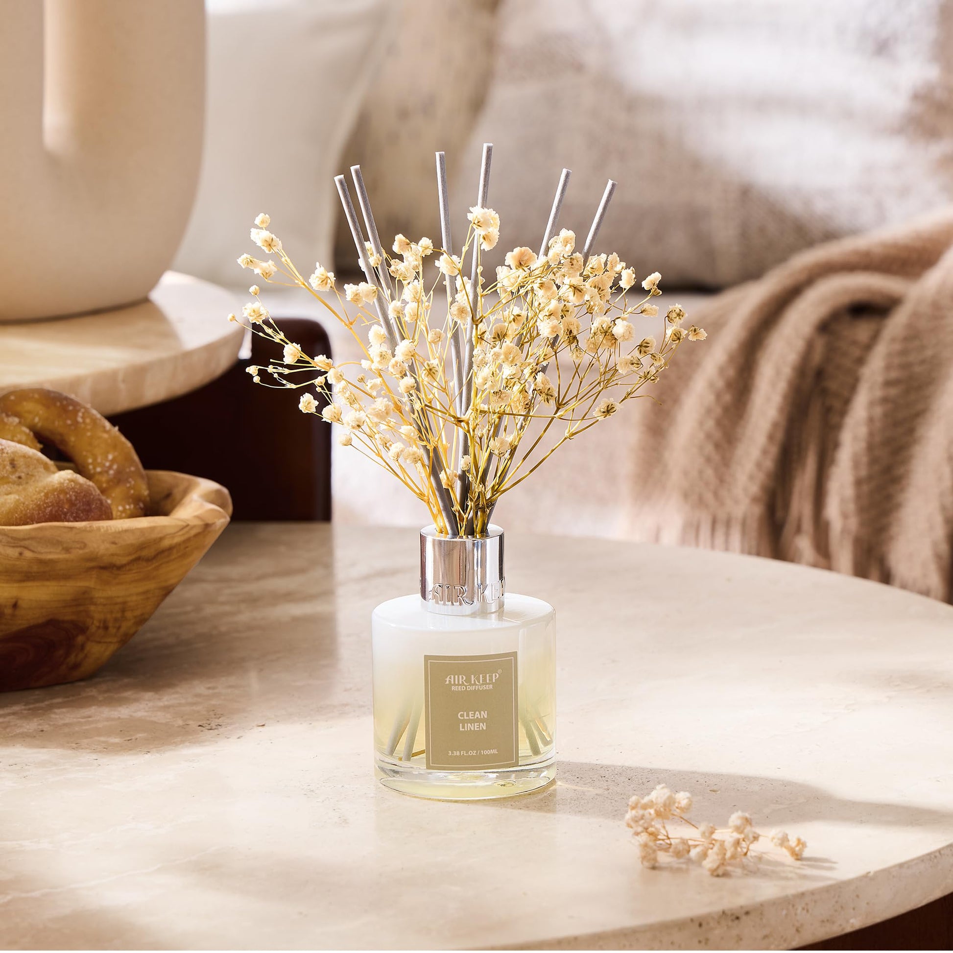 Airkeep Reed Diffuser Set,3.38 fl oz (100 ml) - Clean Linen Oil Diffusers with 8 Reed Sticks,Home