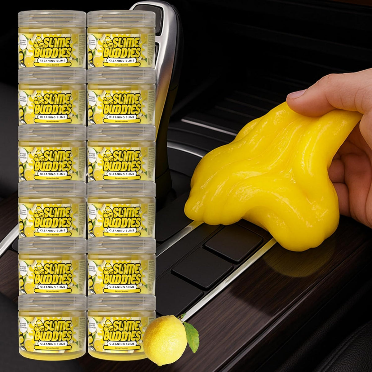 Slime Buddies Car Cleaning Gel Putty - 12 Pack Lemon Scented Interior Detailing Tool for Cup