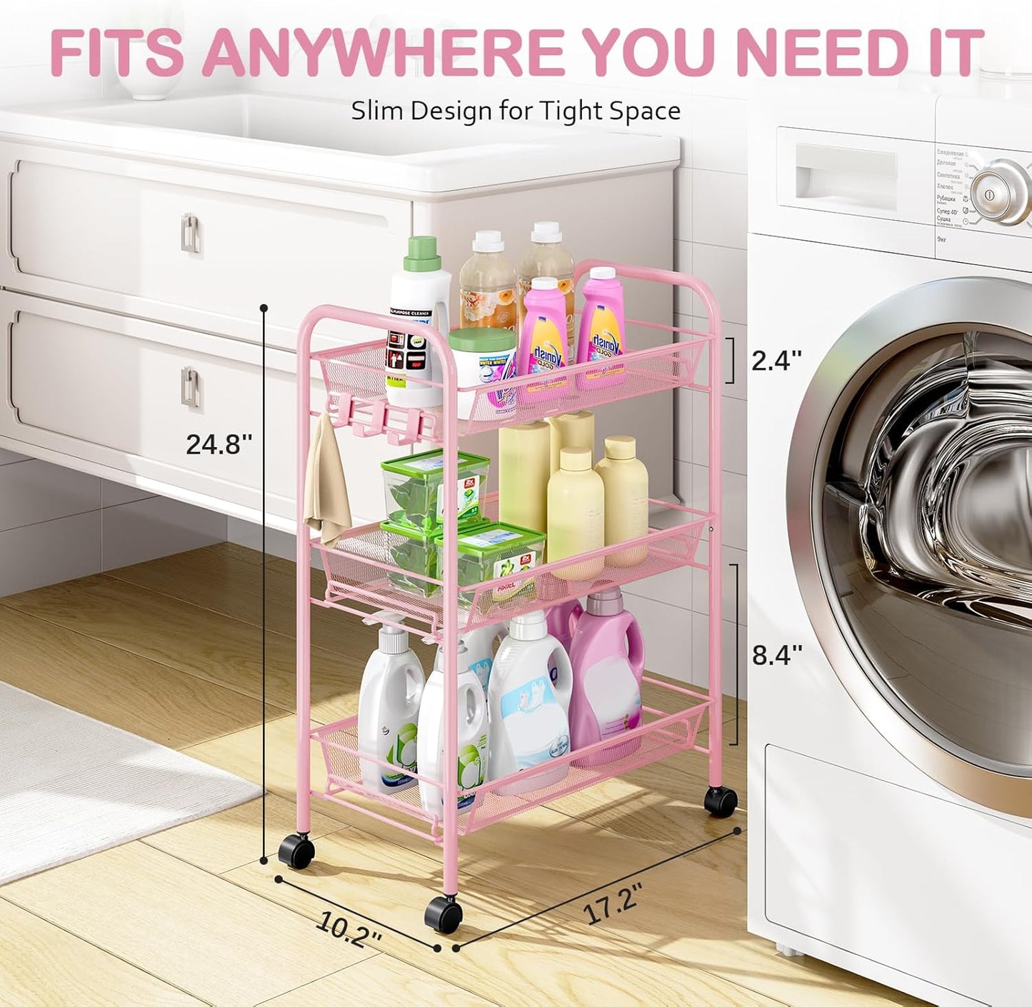 TOOLF 3 Tier Rolling Utility Cart - Durable Metal Design Pink Utility Cart, Storage Trolley on