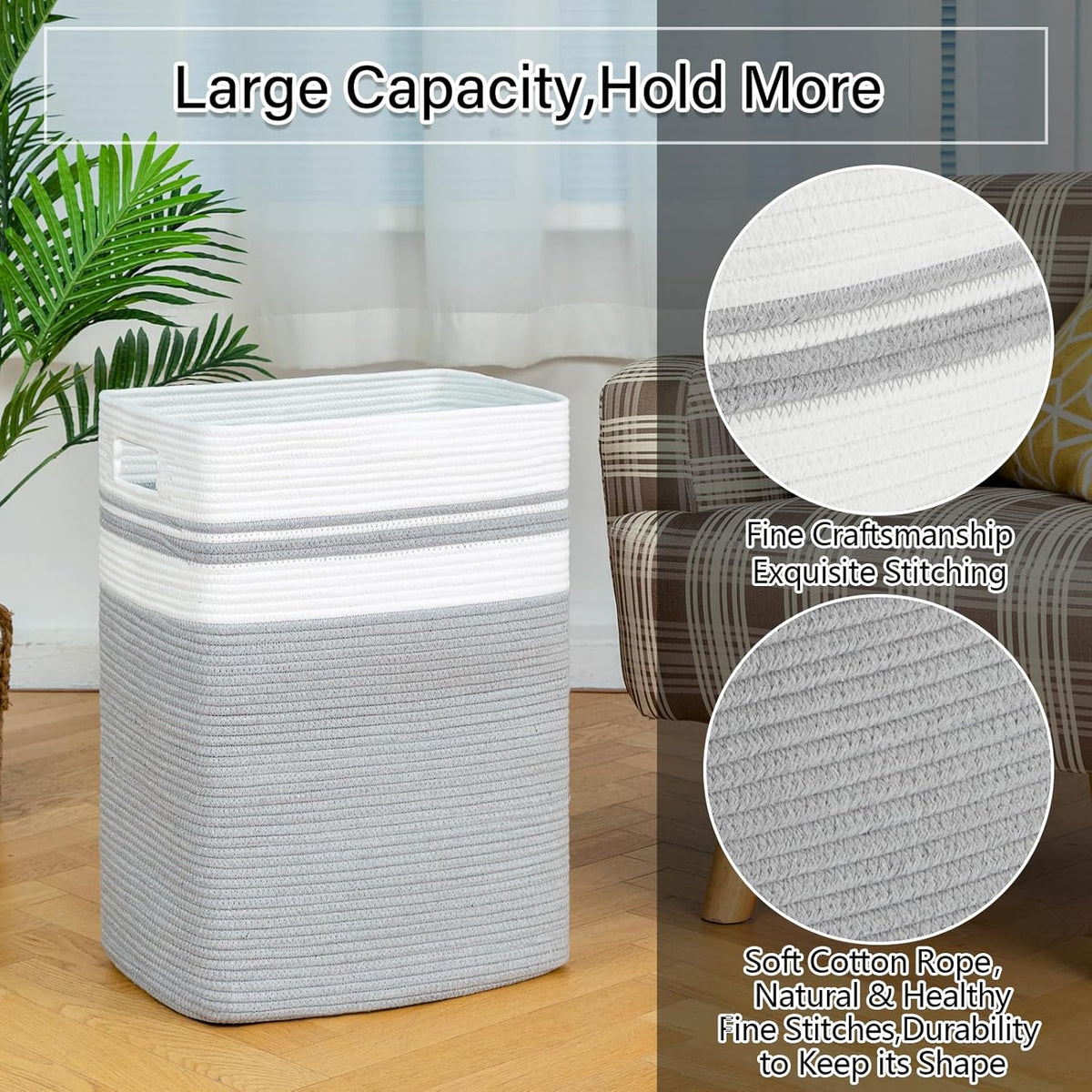 OIAHOMY 91L Laundry Hamper, XXXLarge Laundry Basket, Collapsible Cotton Rope Basket,Woven Storage