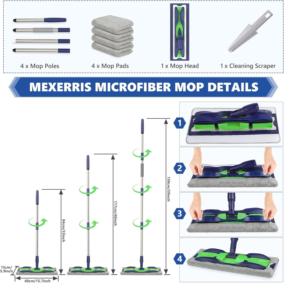 MEXERRIS Microfiber Mops for Hardwood Laminate Tile Floor Cleaning: Stainless Steel Handle - 4