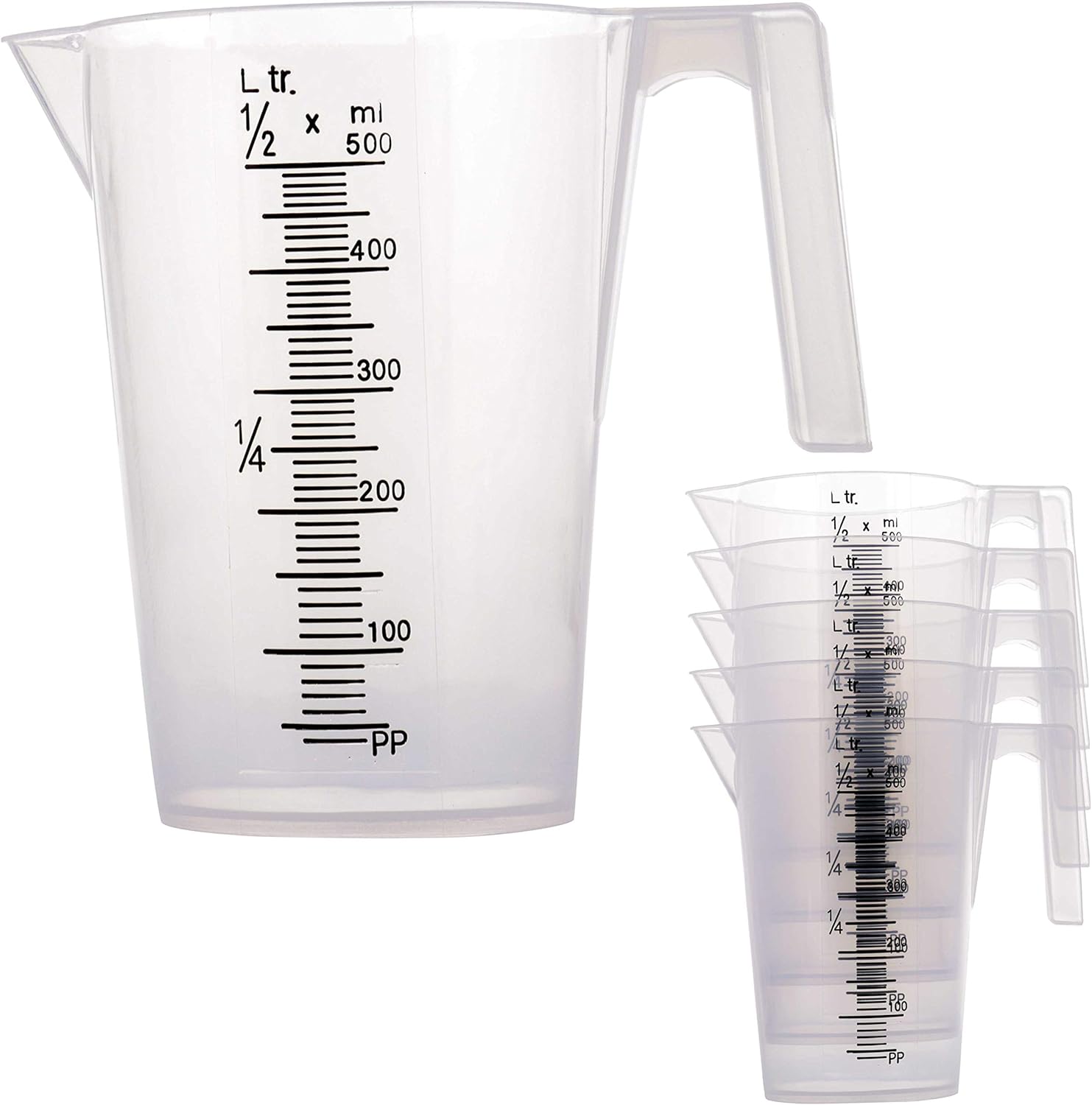 TCP Global 1/2 Liter (500ml) Plastic Graduated Measuring and Mixing Pitcher (Pack of 6) - Holds