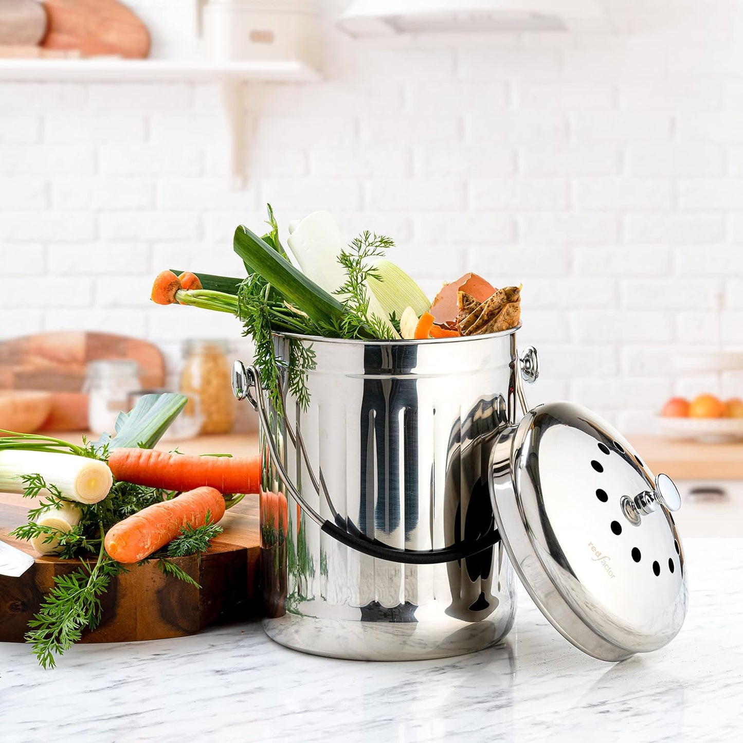 RED FACTOR Premium Compost Bin for Kitchen Countertop - Stainless Steel Food Waste Bucket with