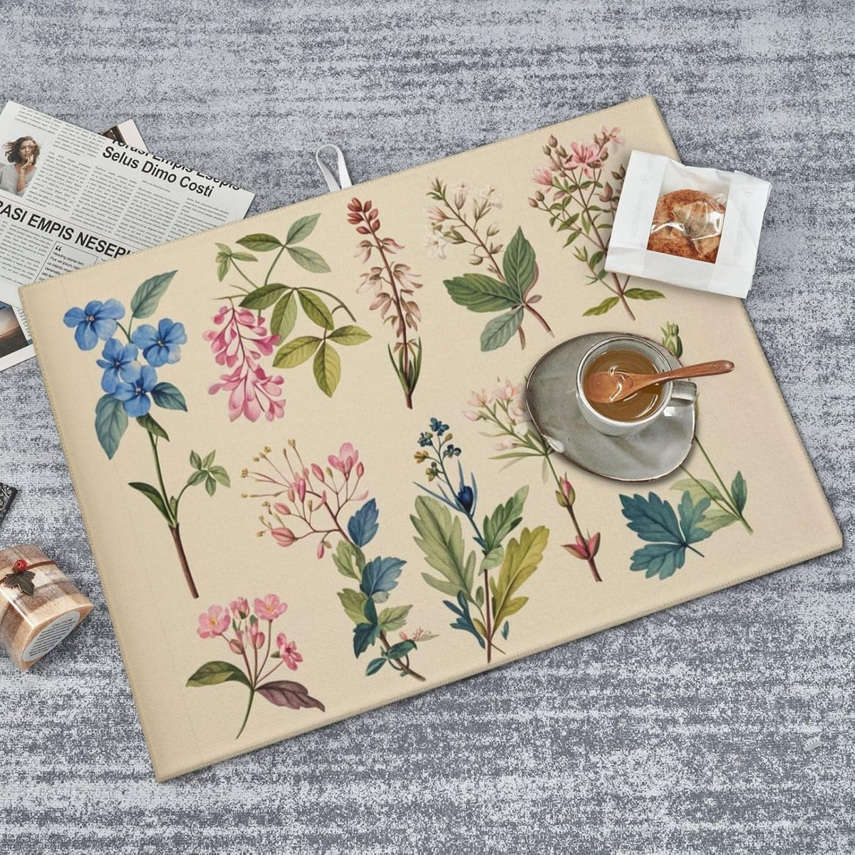 Vintage Plants Herbs Floral Dish Drying Mat Highly Absorbent Double-Sided Microfiber with Hanging