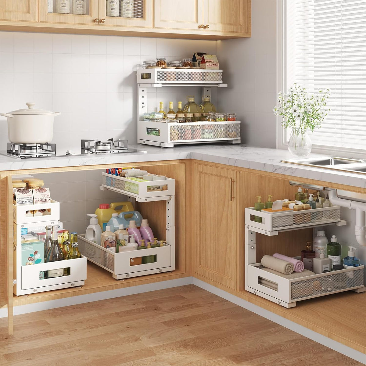 2-Pack Under Sink Storage Organizer, Large 2-Tier Elegant Mesh Pull Out Shelf for Kitchen and