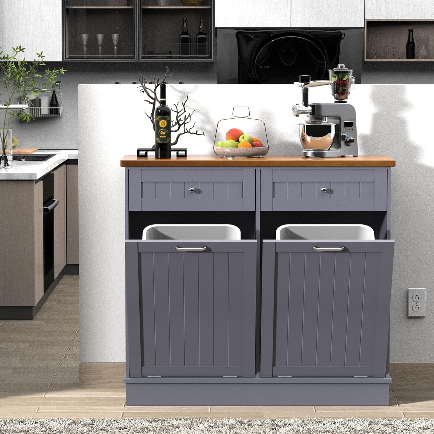 Betterhood Tilt Out Trash Cabinet 10 Gallon Wooden Free Standing Laundry Sorter Cabinet,Recycling