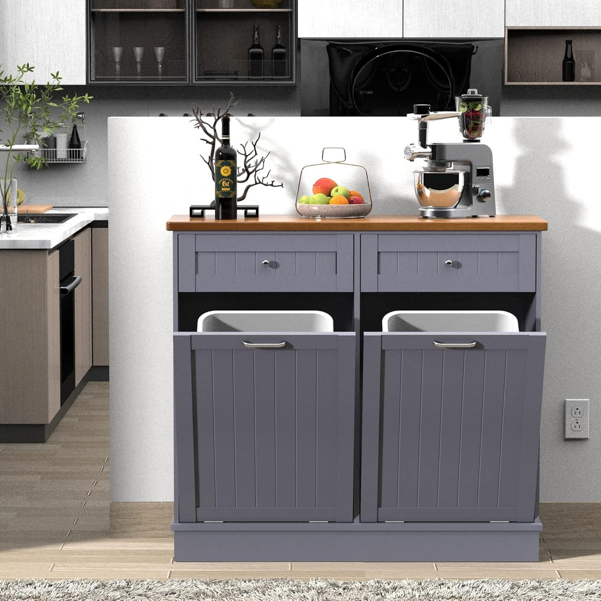 Betterhood Tilt Out Trash Cabinet 10 Gallon Wooden Free Standing Laundry Sorter Cabinet,Recycling