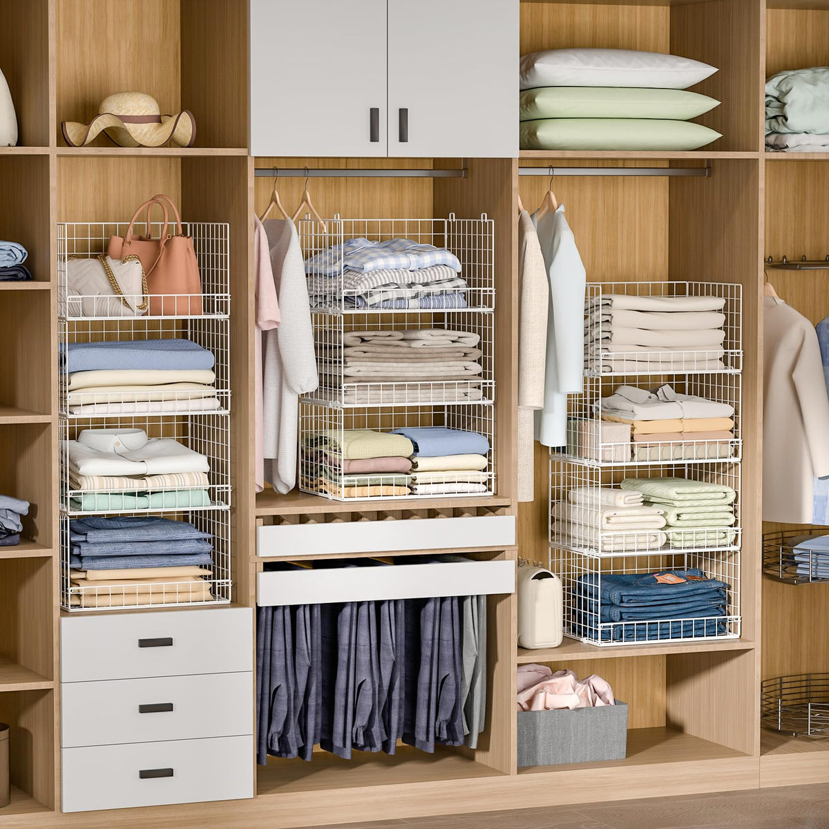 Yociyoga 4-Tier Stackable Closet Organizers and Storage Basket, Foldable Closet Shelf Organizer