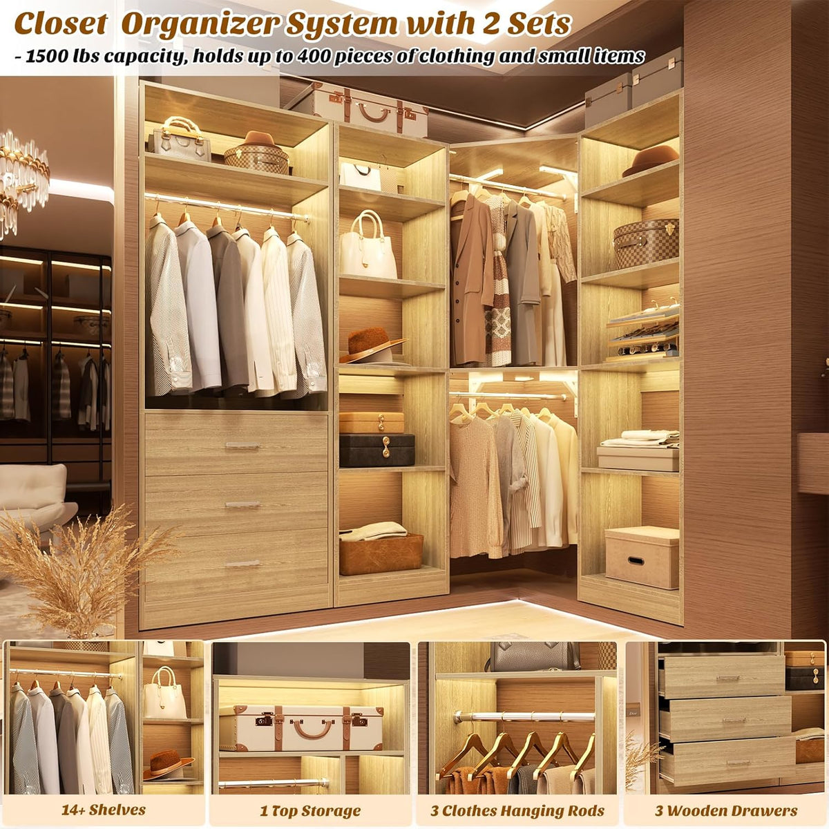 Corner Closet System with 3 Drawers, Corner Closet Organizer System with 13 Shelves & 3 Hanging