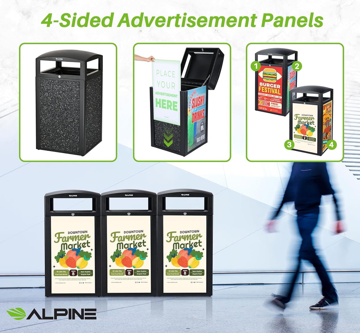 Alpine Outdoor Commercial Trash Can with Lid - 40 Gallon Heavy Duty Metal Garbage Can with