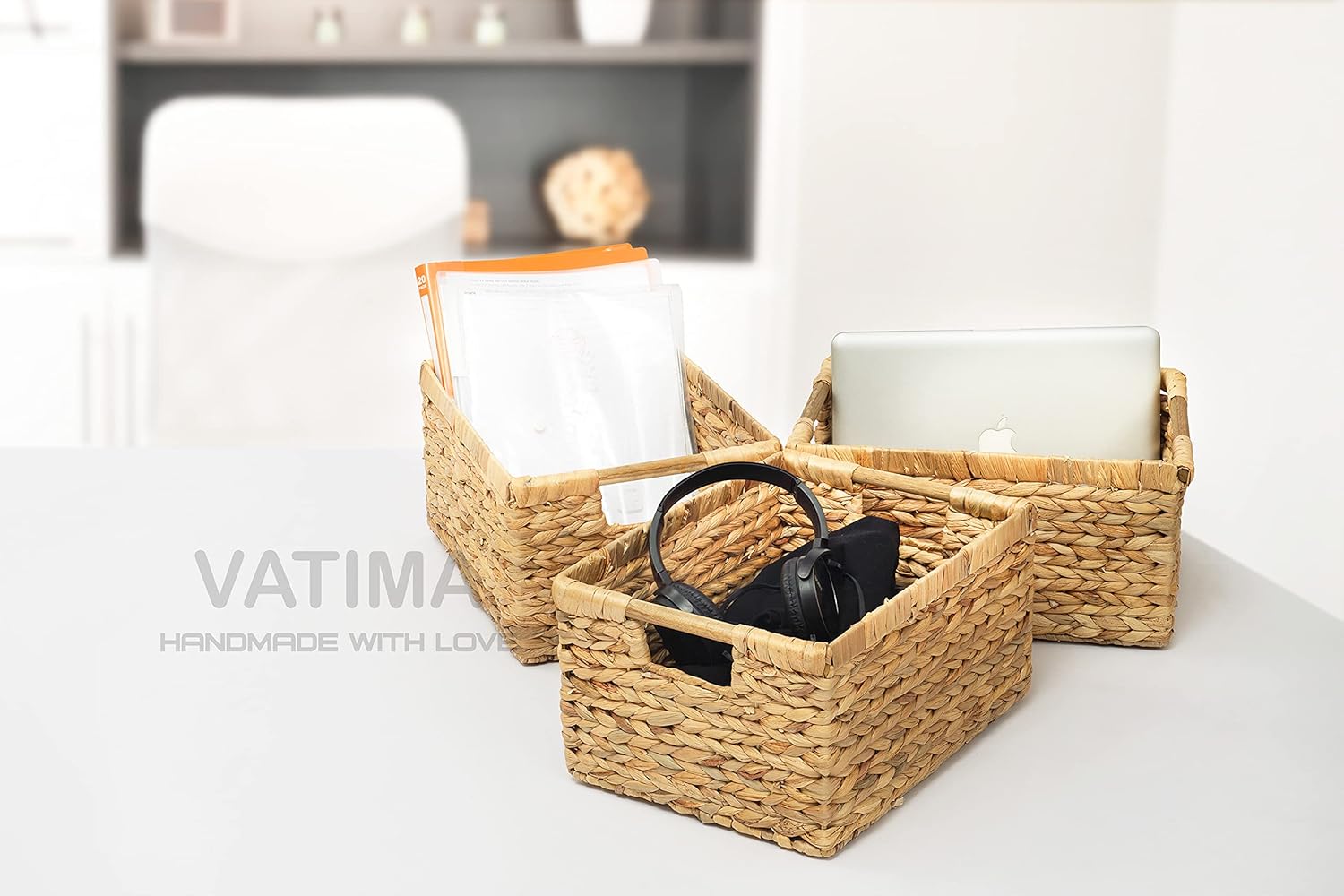 Large Wicker Basket Rectangular with Wooden Handles for Shelves, Water Hyacinth Basket Storage