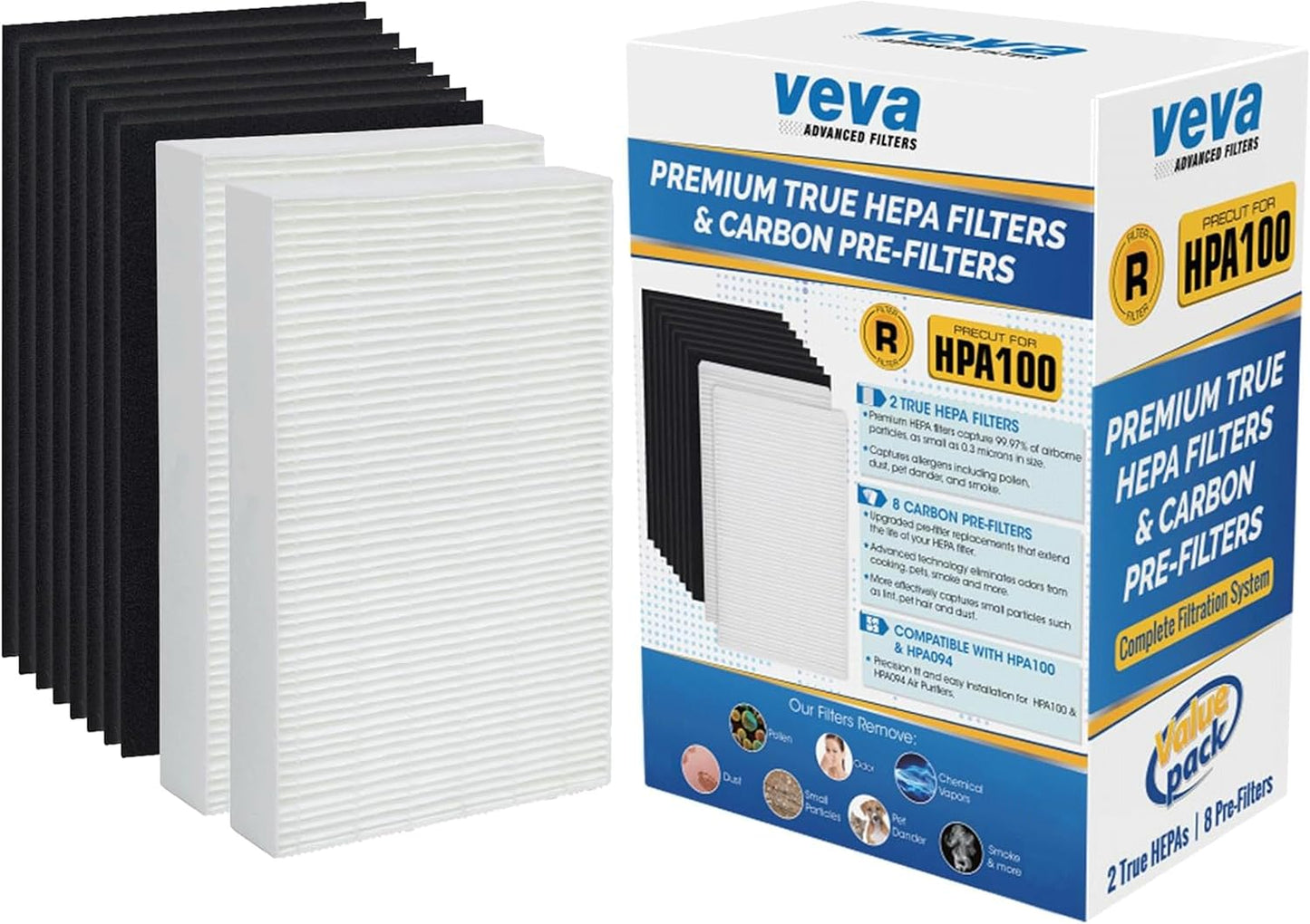 HPA100 Replacement Filters for Honeywell Air Purifier - 2 HEPA Filters w/ 8 Carbon Pre-Filters
