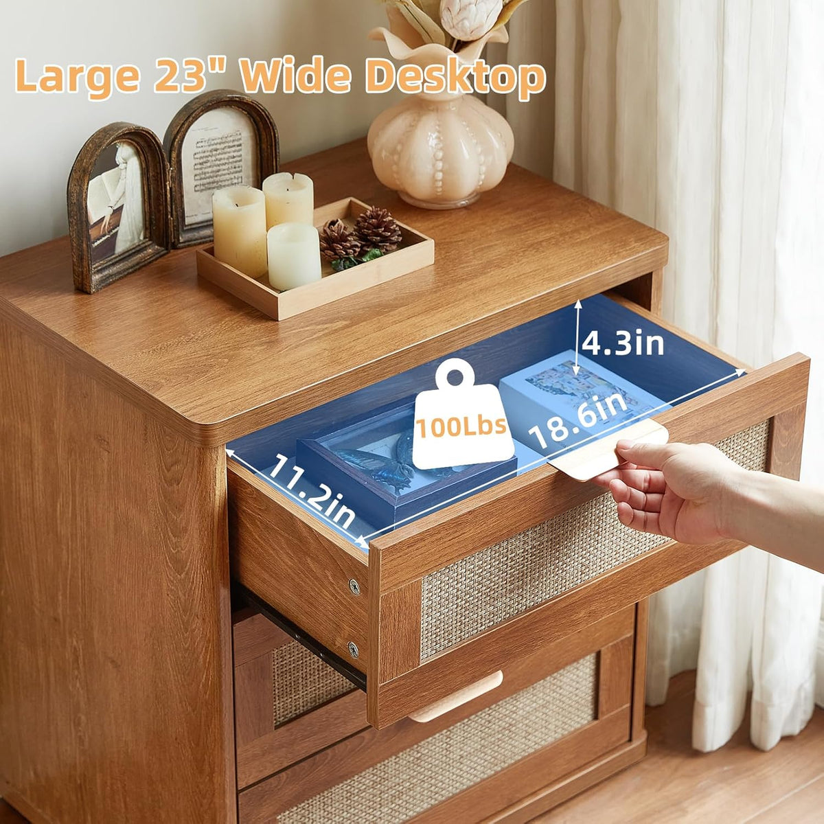 LEYAOYAO Rattan Night Stand Set of 2 with Drawers, 23" Large 3 Drawer Boho Nightstand, Natural Wood