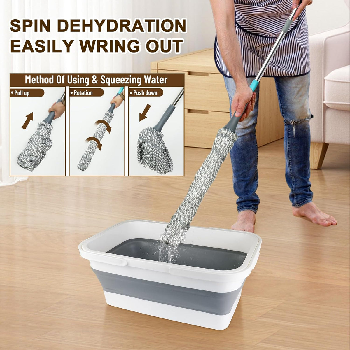Self Wringing Mop with Bucket- Easy Squeeze Twist Mop with 52.5 Inch Long Handle, Heavy Duty for