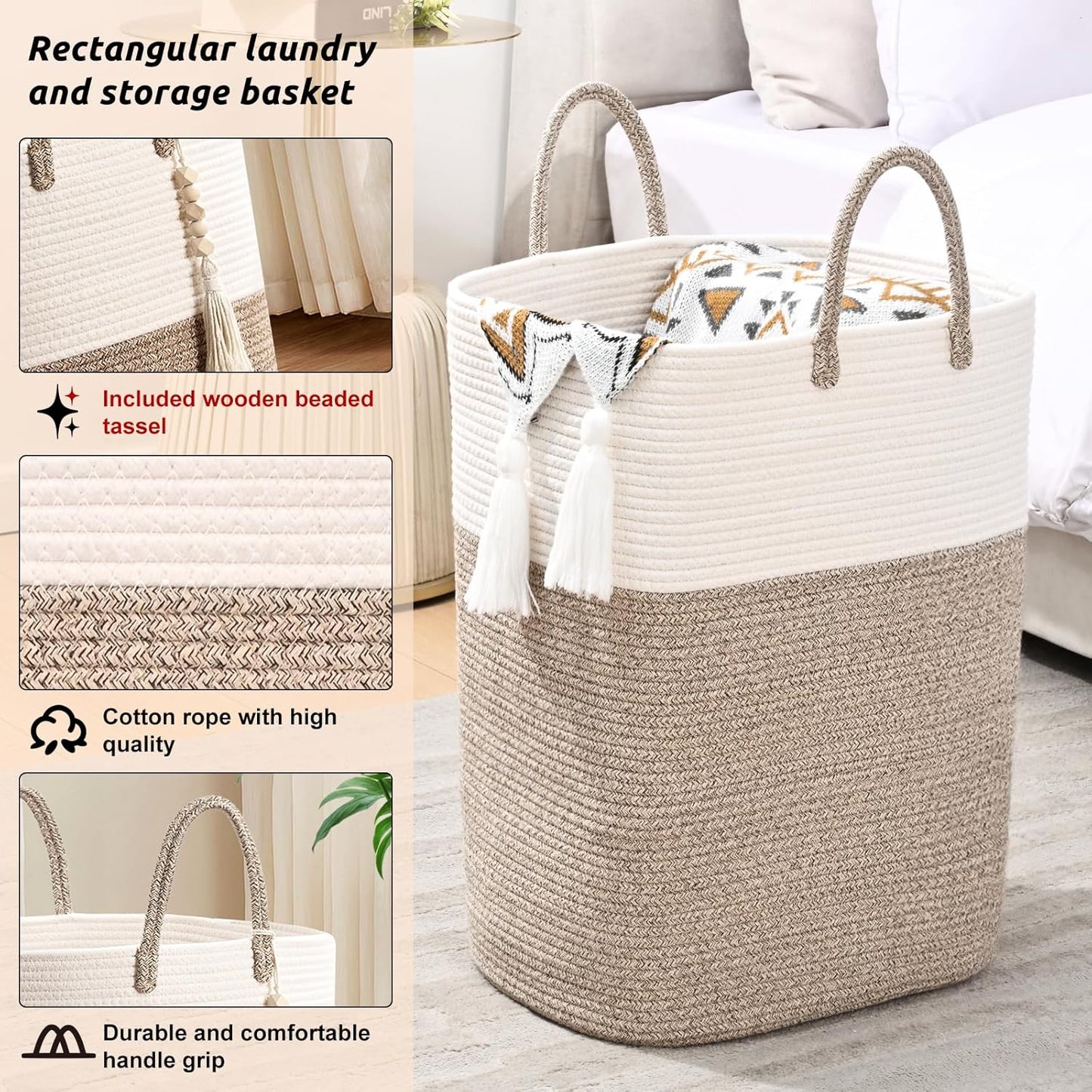 Woven Laundry Basket for Clothes, 50L Large Rectangle Laundry Hampers with Beads Tassel, Nursery