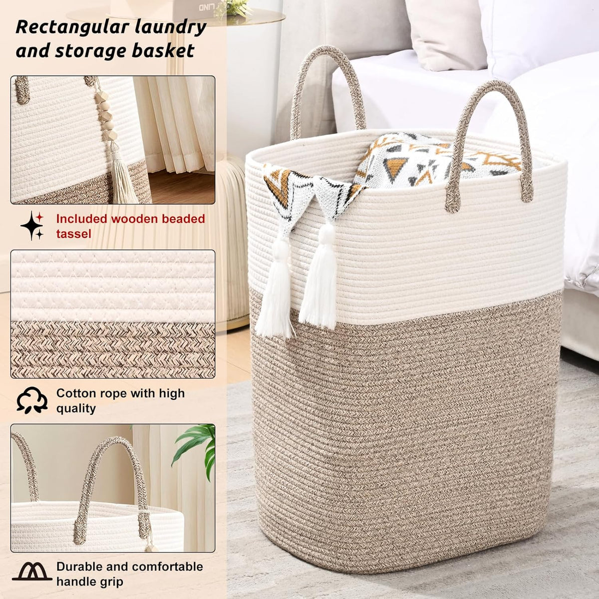 65L Woven Laundry Basket for Clothes, Large Rectangle Laundry Hampers with Beads Tassel, Nursery