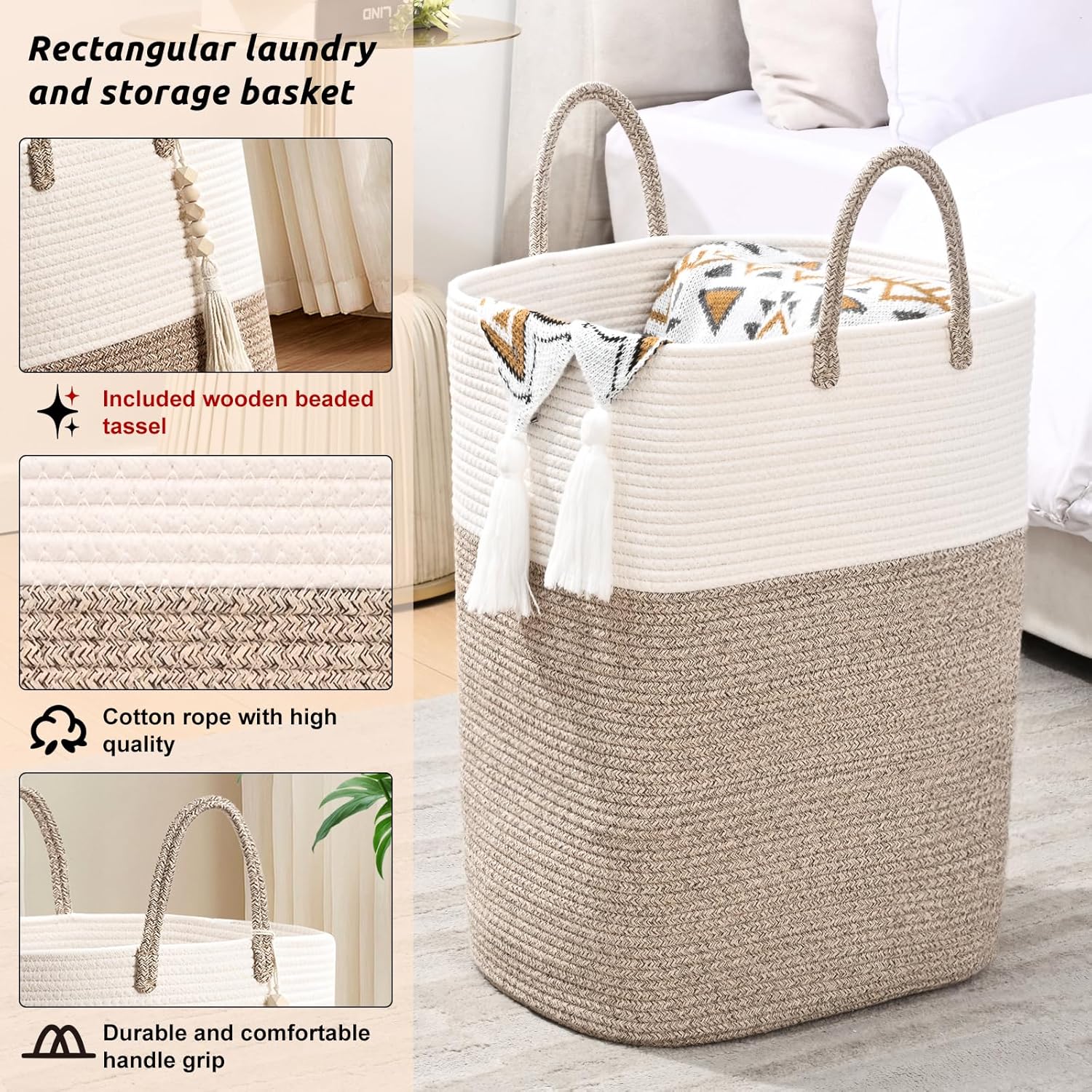 65L Woven Laundry Basket for Clothes, Large Rectangle Laundry Hampers with Beads Tassel, Nursery