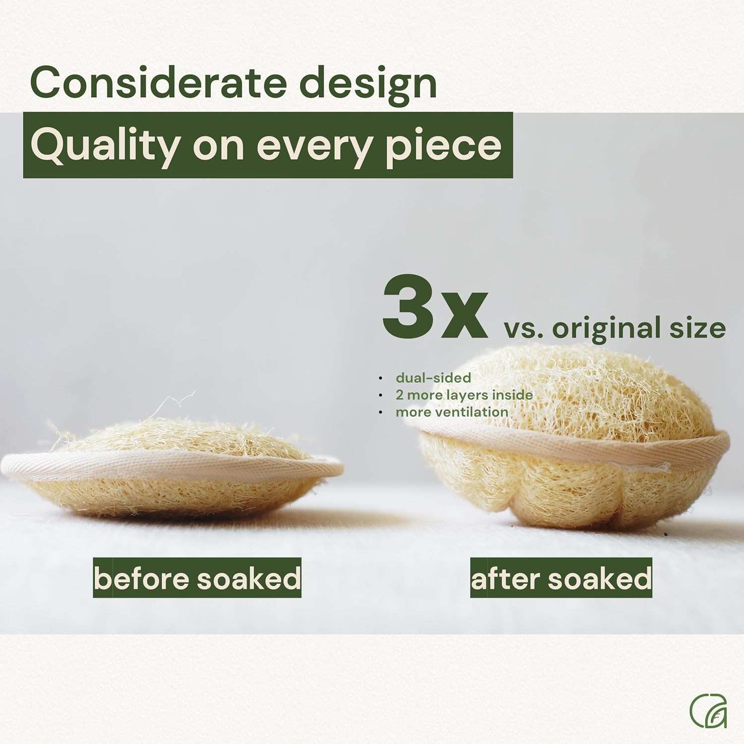 Chill Ah Green Glow All Natural Exfoliator Dual Sided Loofah Bath Sponge Set – 100% Plant-Based