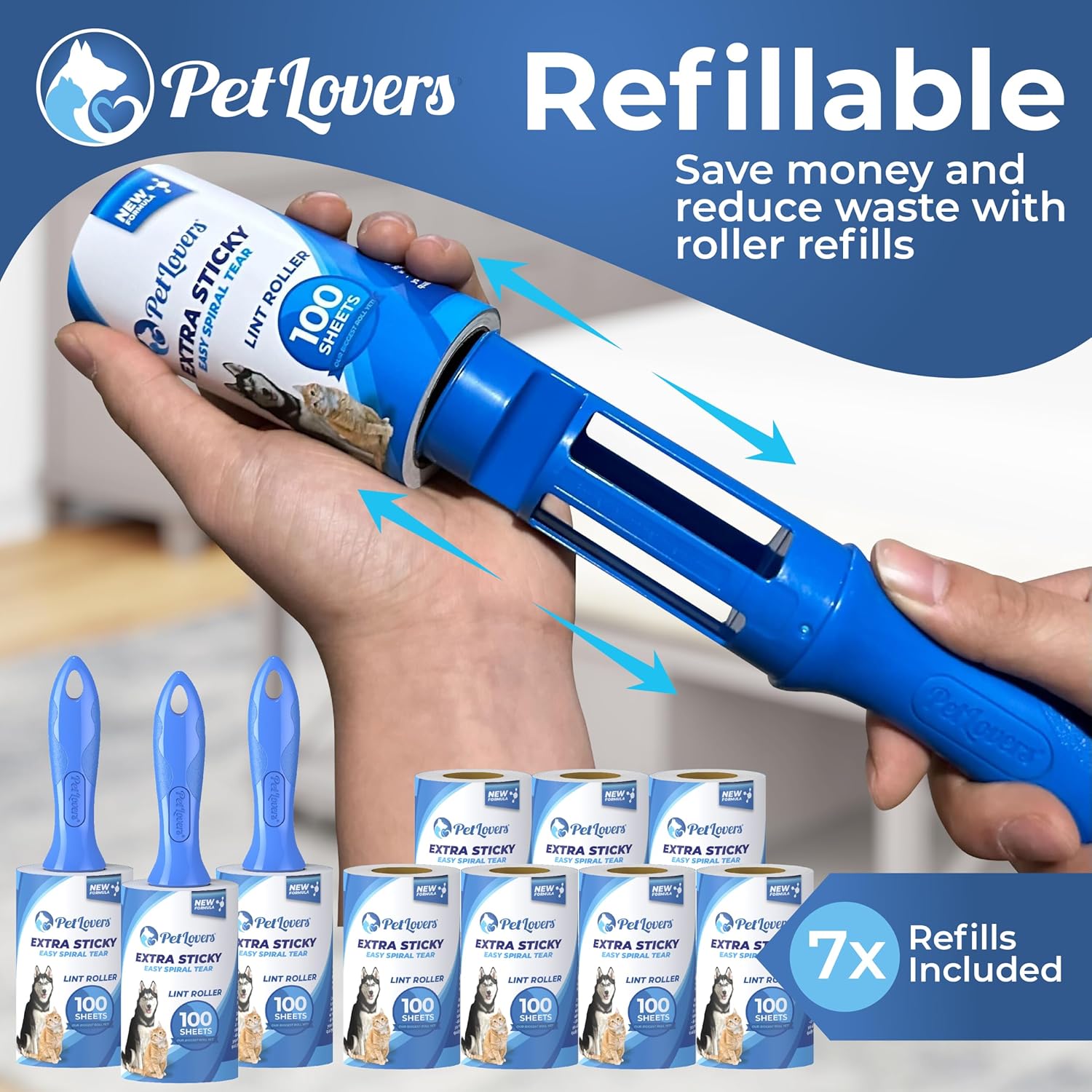 PetLovers Extra Sticky Lint Roller Bulk Value Set 3 Rollers 7 Refills 1,000 Sheets for Pet Hair