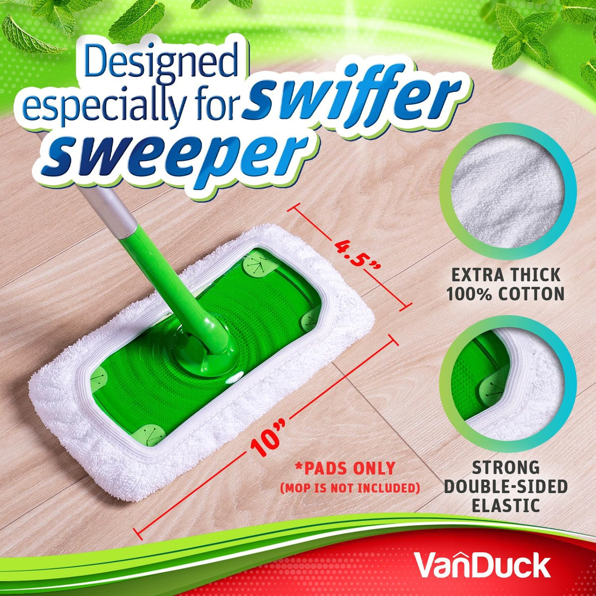 VanDuck Reusable 100% Cotton Mop Pads Compatible with Swiffer Sweeper (4-Pack), Terry Cloth Mop