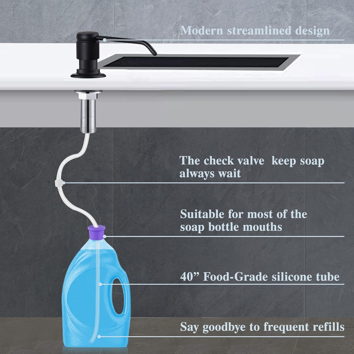 Gagal Soap Dispenser (Matte Black) and Extension Tube Kit for Kitchen Sink, Complete Brass Pump