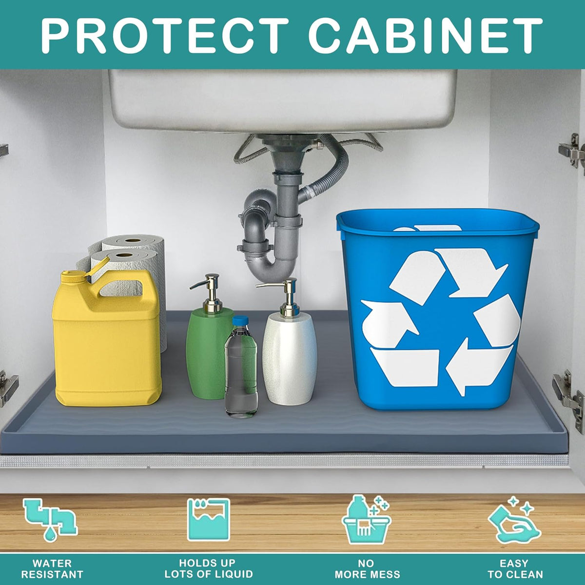 URMONA Waterproof Silicone Under Sink Mat 16'' x 10'' Shelf Liner for Kitchen and Bathroom, Cabinet