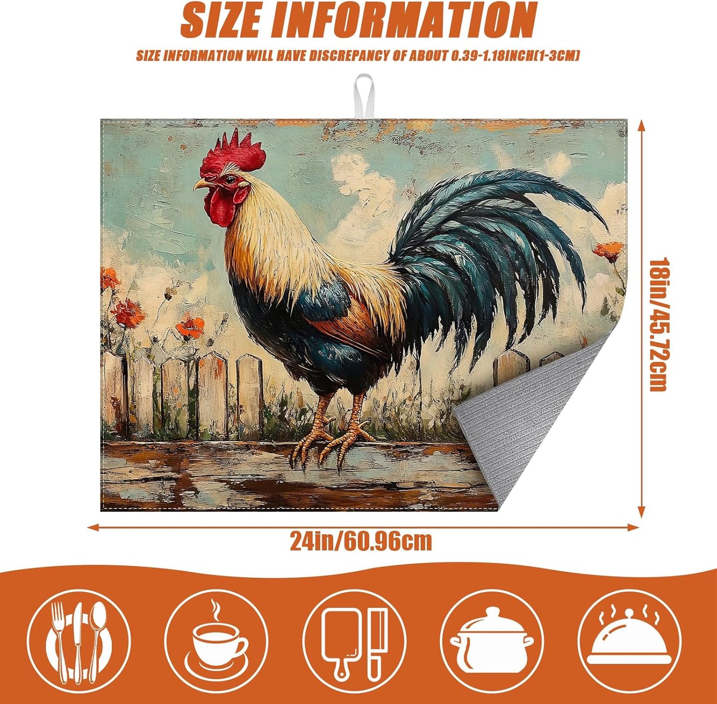 Vintage Rooster Dish Drying Mat for Kitchen Counter Microfiber Absorbent Dish Kitchen Drying Mat