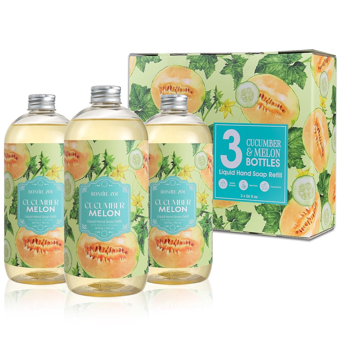 ROMIIE ZOI Liquid Hand Soap Refills Gift Set – Cucumber & Melon Scent – 3 x 26 Fl Oz Bottles
