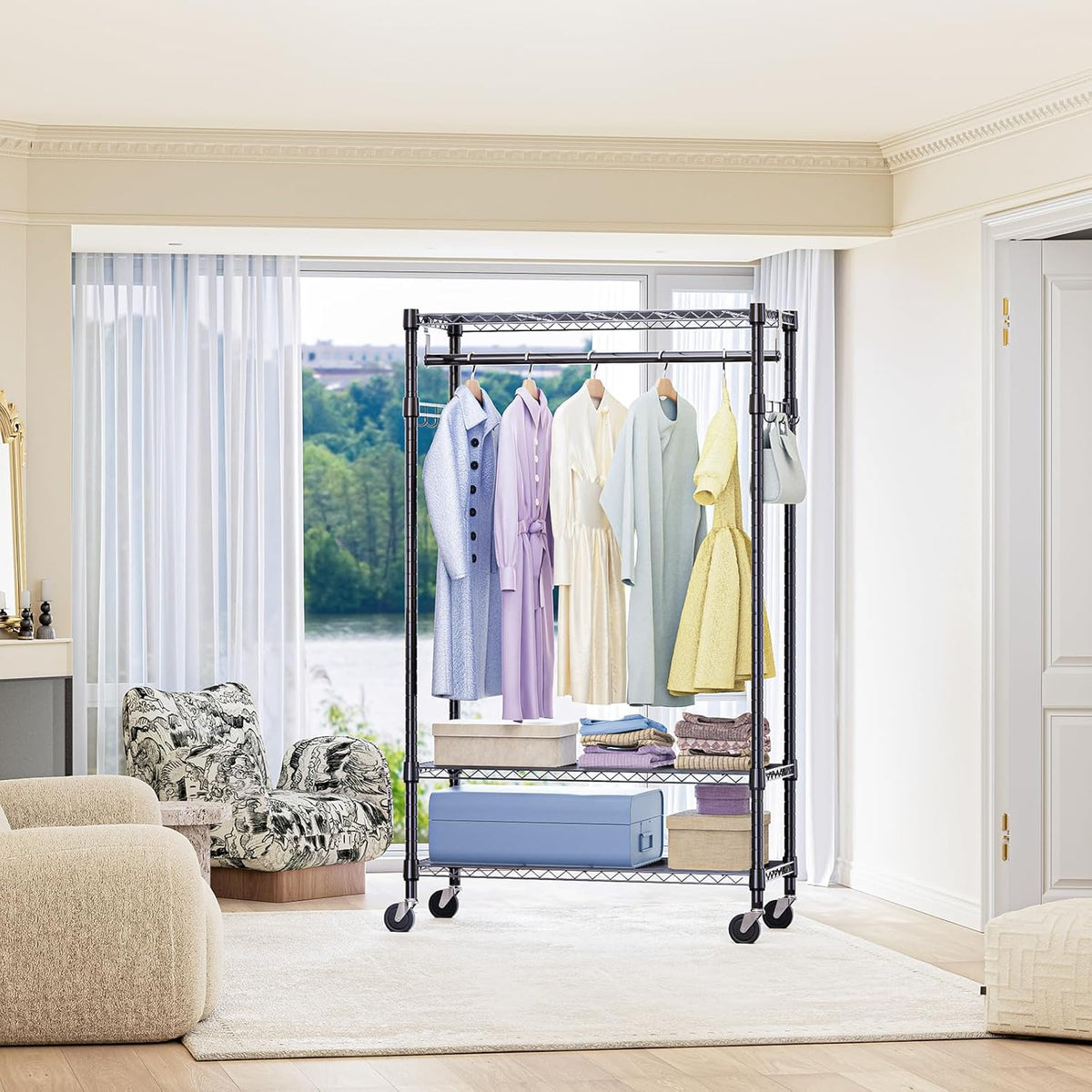 IZEUK Heavy Duty Rolling Garment Rack with 3 Adjustable Wire Shelves, Hanging Rod & Side Hooks