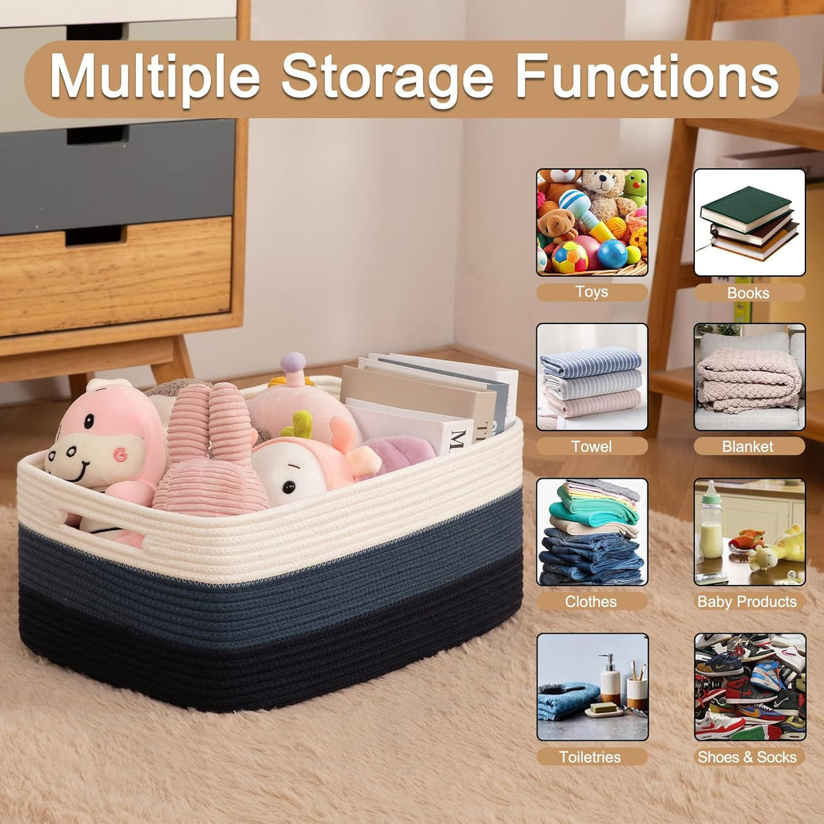 Large Storage Basket for Organizing, Woven Rope Basket for Shelves, Closet Organizer Bins for