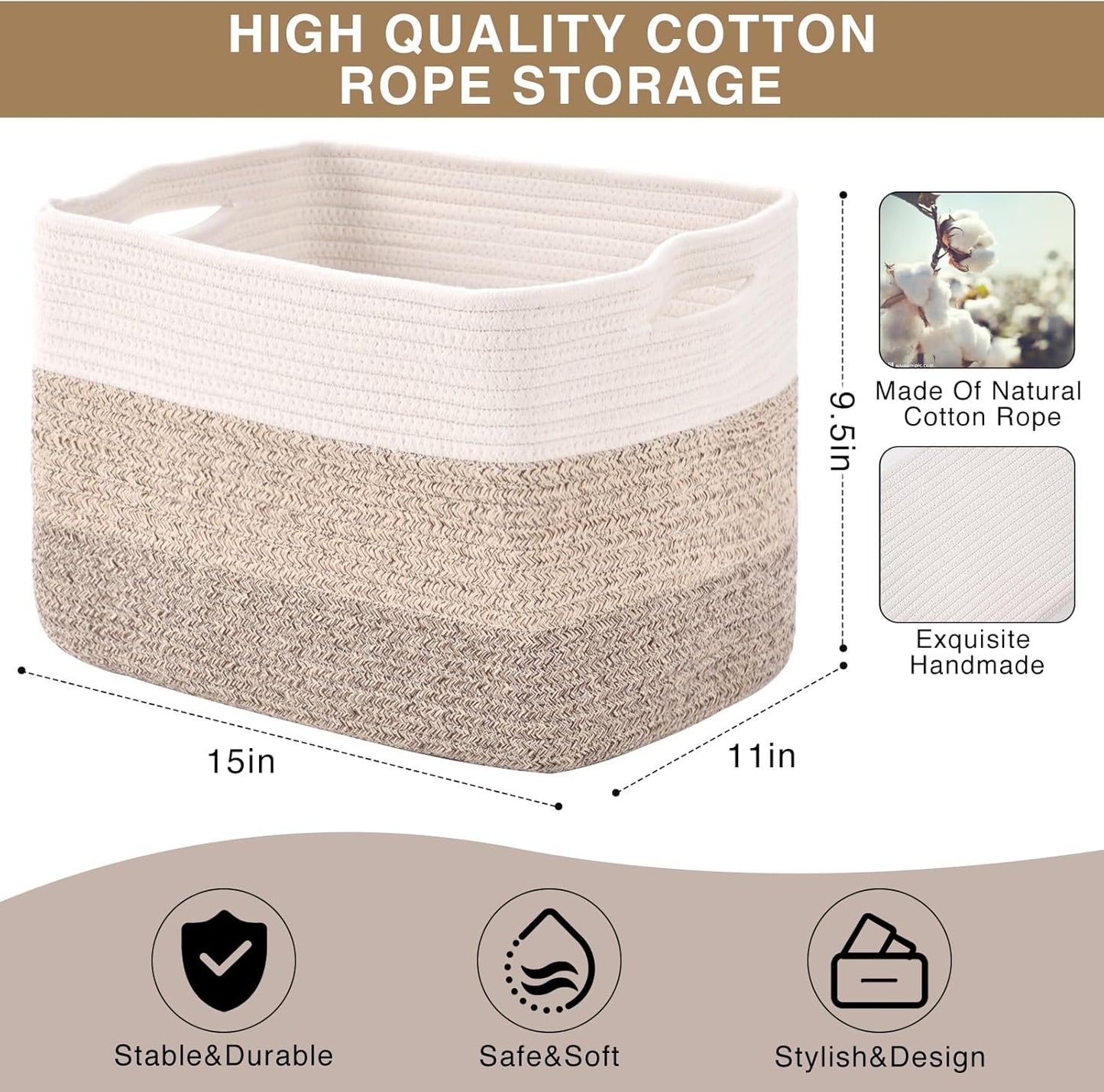Storage Baskets for Organizing Shelves, Woven Cotton Rope Bins for Baby Nursery Organization, Book