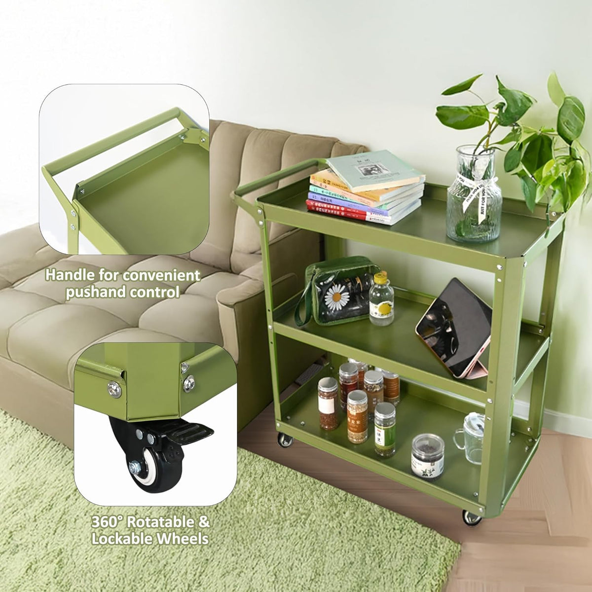 3 Tier Rolling Tool Cart with Lockable Silent Wheels, 330 LBS Capacity, Metal Service Cart for