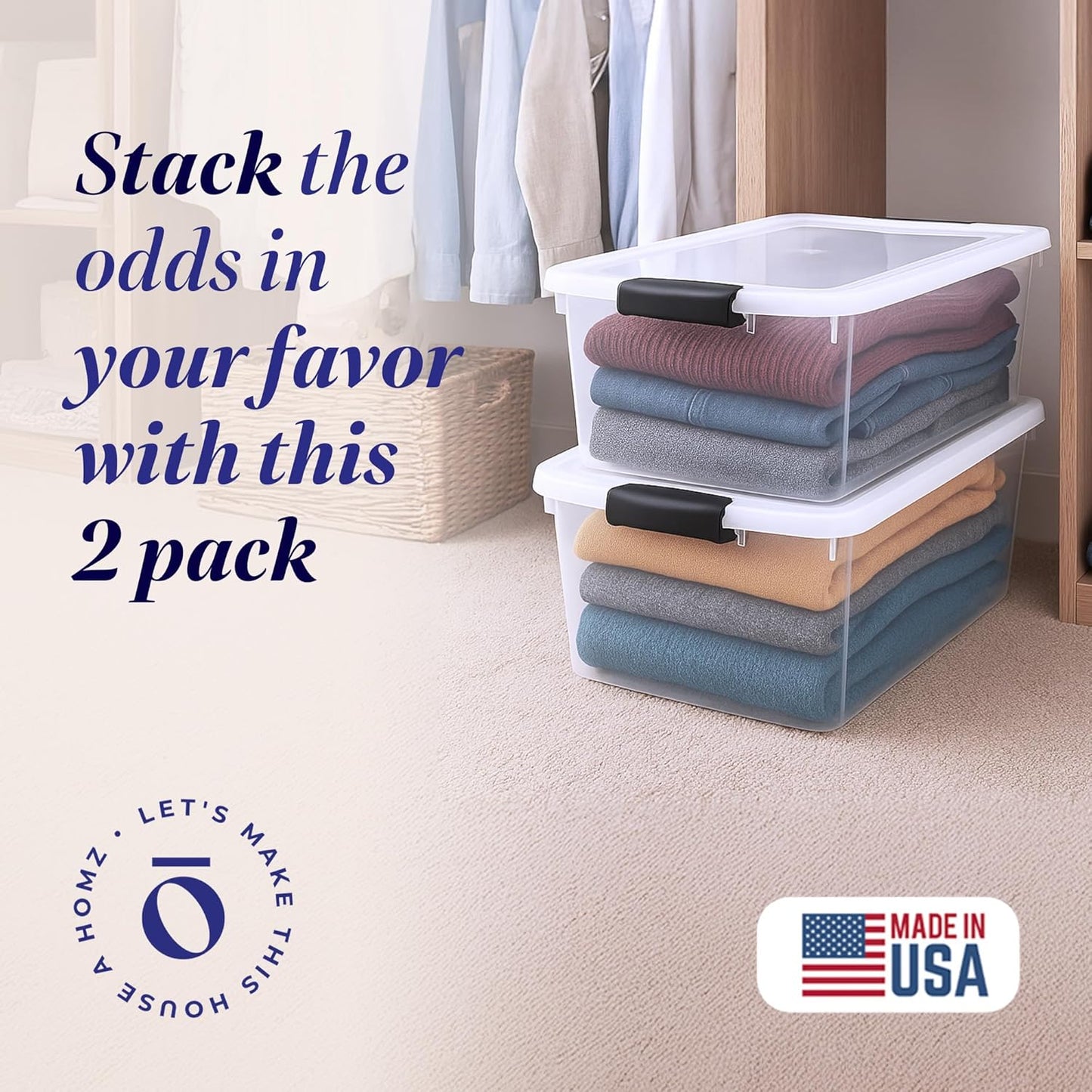 HOMZ 2-Pack Secure Latch, Clear Plastic Storage Organizer Bins, 64 Quart, Gray Latches - Stackable