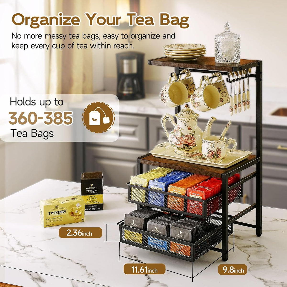 Pinzoveco Tea Bag Organizer, Large Tea Organizers and Storage Box,2 Drawers Tea Bags Holder Wood