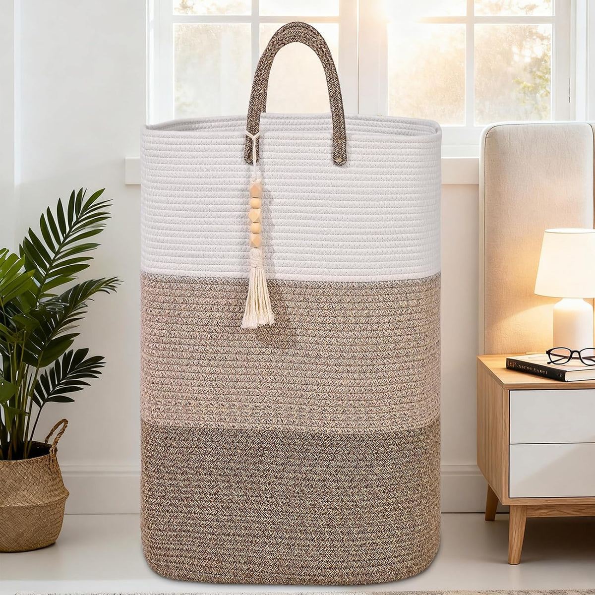 Woven Laundry Basket for Clothes,100 L Large Rectangle Laundry Hampers with Beads Tassel, Nursery