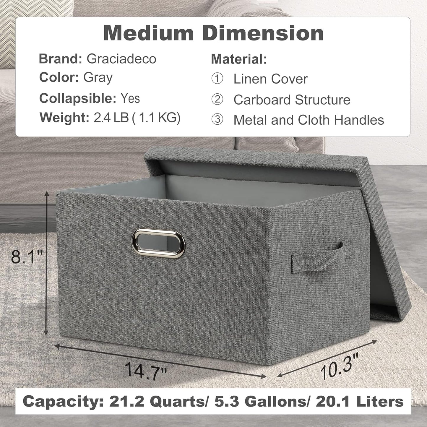 Medium 15" 21 Quart Collapsible Stackable Storage Bins with Lids, 1 Pack Gray Foldable Fabric
