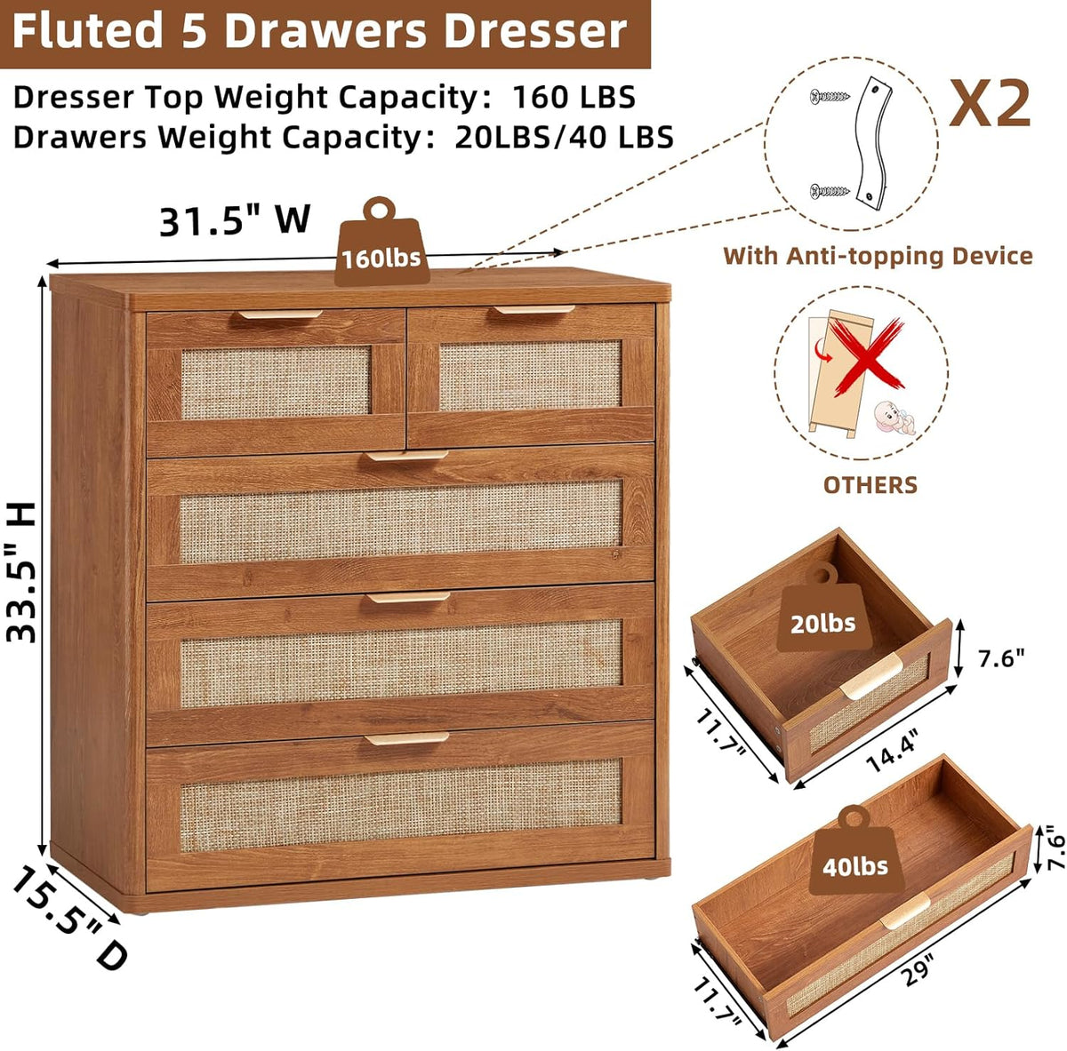 LEYAOYAO Rattan Dresser for Bedroom, 33.5" Tall Chest of Drawers, Modern 5 Drawers Boho Dressers