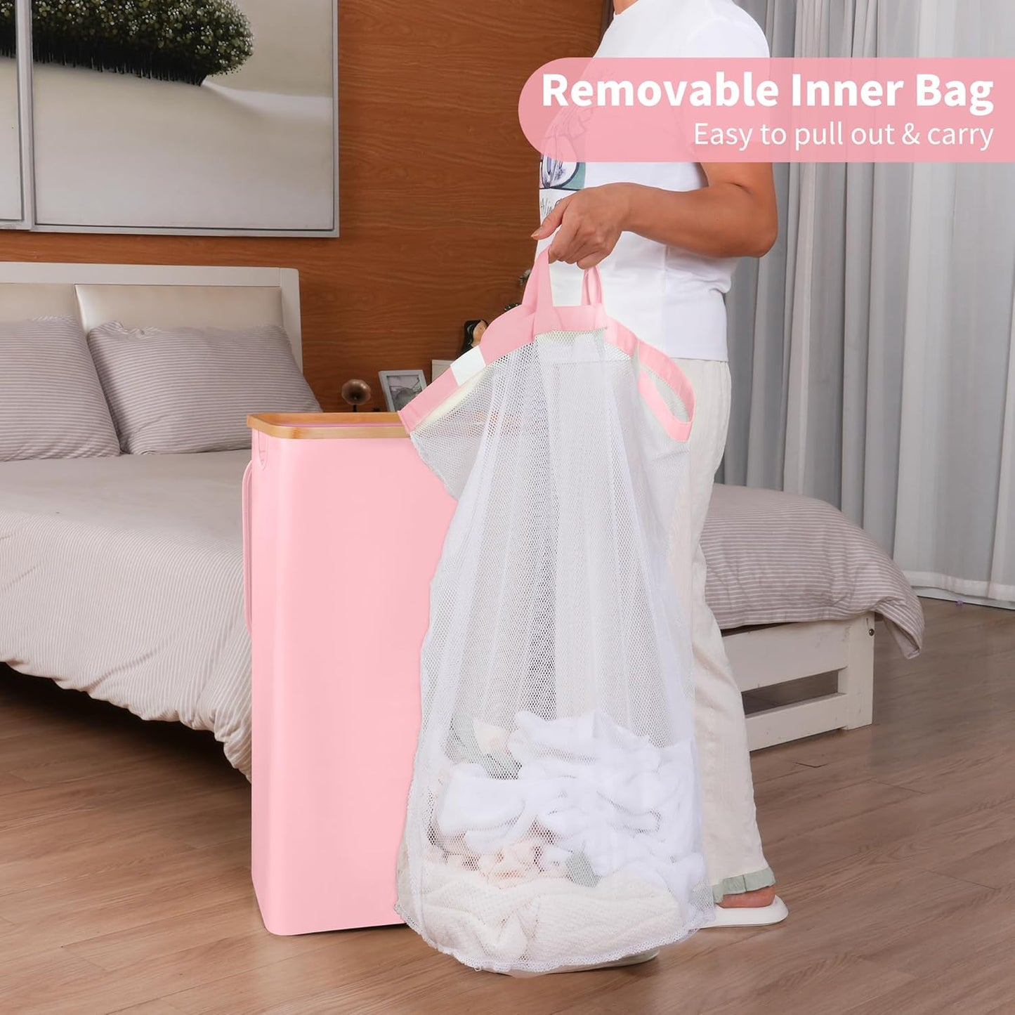 26 Gal Laundry Basket with Lid and Net Bag, Tall Laundry Hamper with Bamboo Handles, Aesthetic
