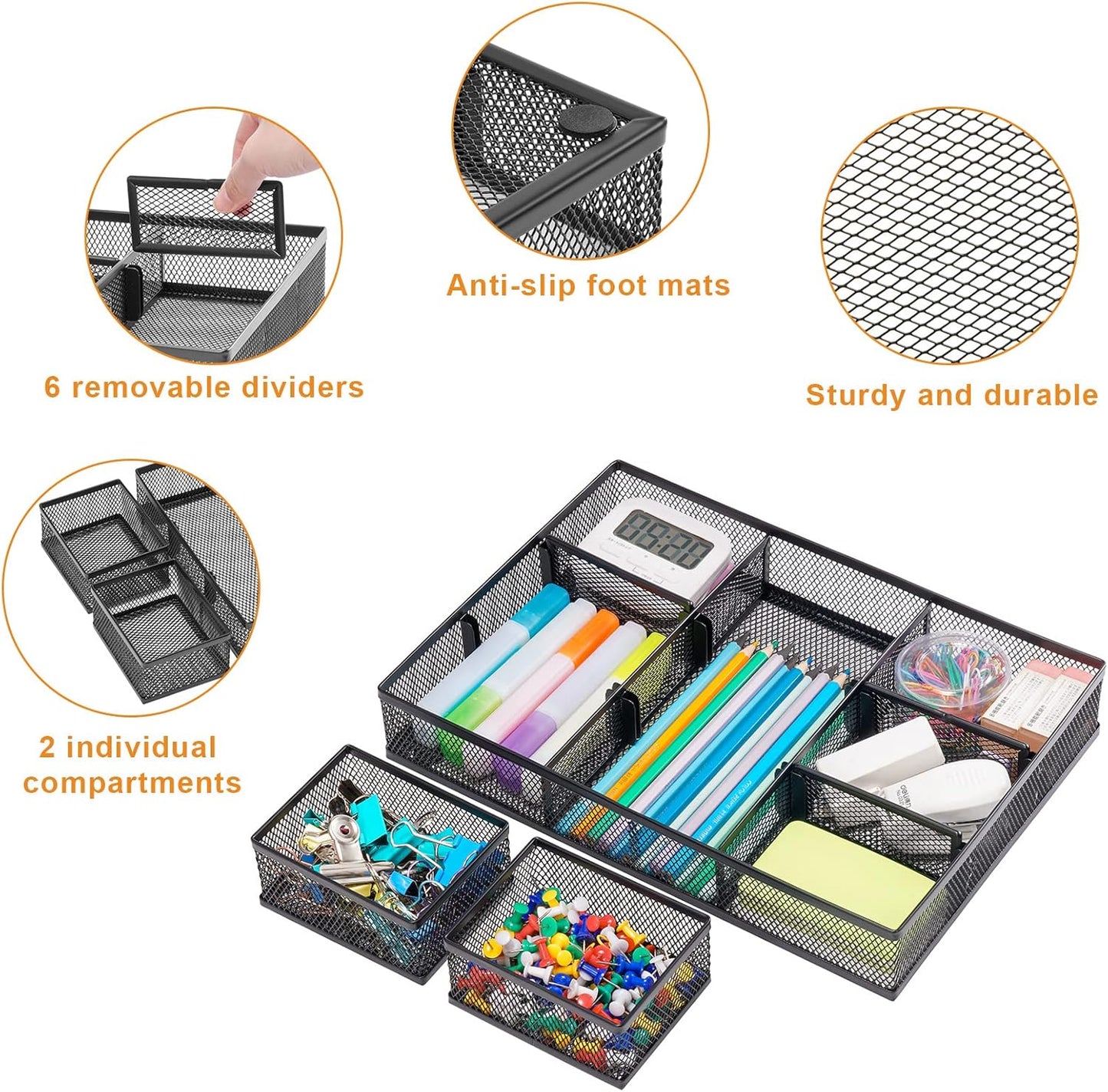 Marbrasse 3 Packs Desk Drawer Organizers, Metal Mesh Dividers Desk Drawer Organizer Tray with 9