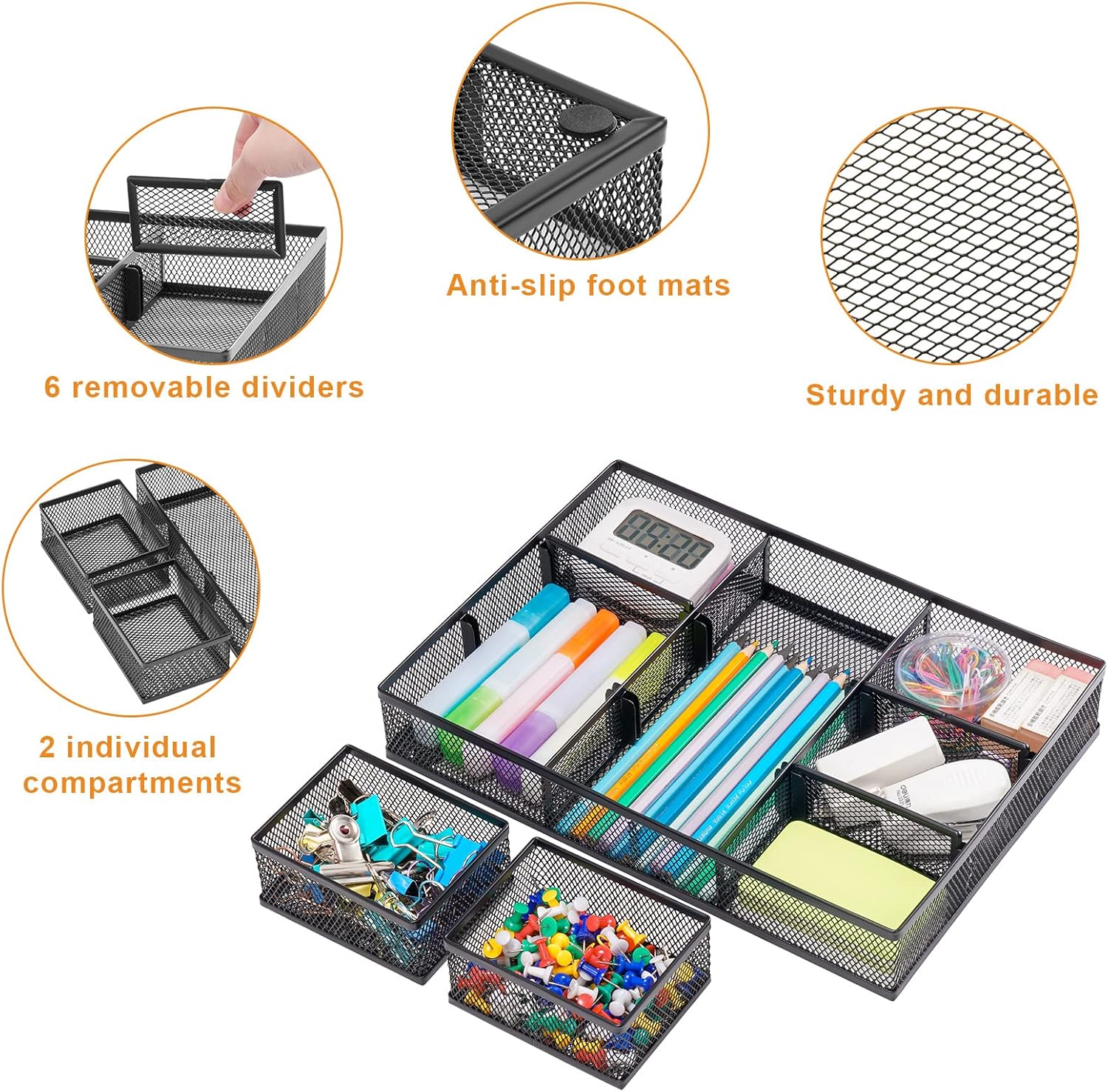 Marbrasse 3 Packs Desk Drawer Organizers, Metal Mesh Dividers Desk Drawer Organizer Tray with 9