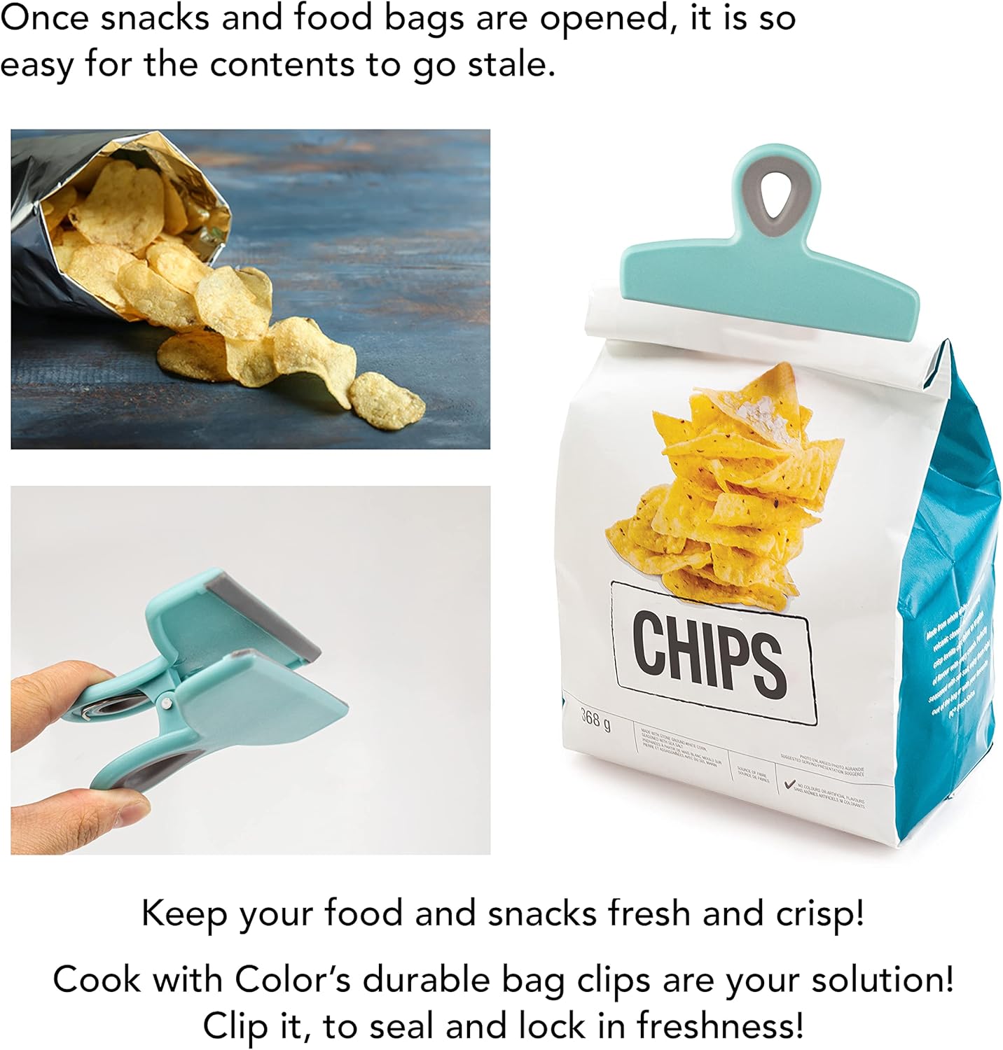 COOK WITH COLOR Bag Clips - Heavy Duty Chip Clip and Refrigerator Magnet Clips for Food Storage